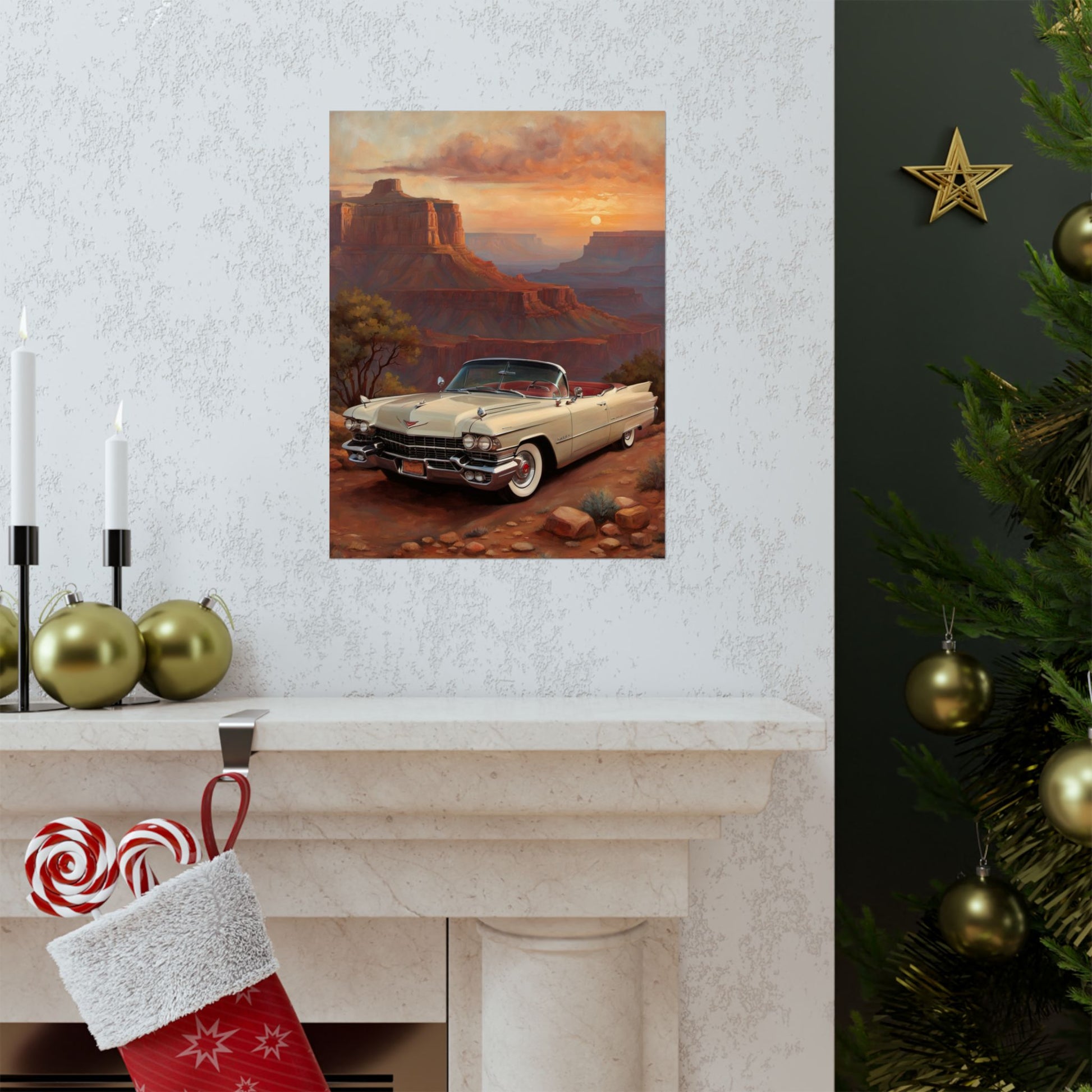 Vintage Car Wall Art Poster showcasing a classic car in a scenic desert backdrop