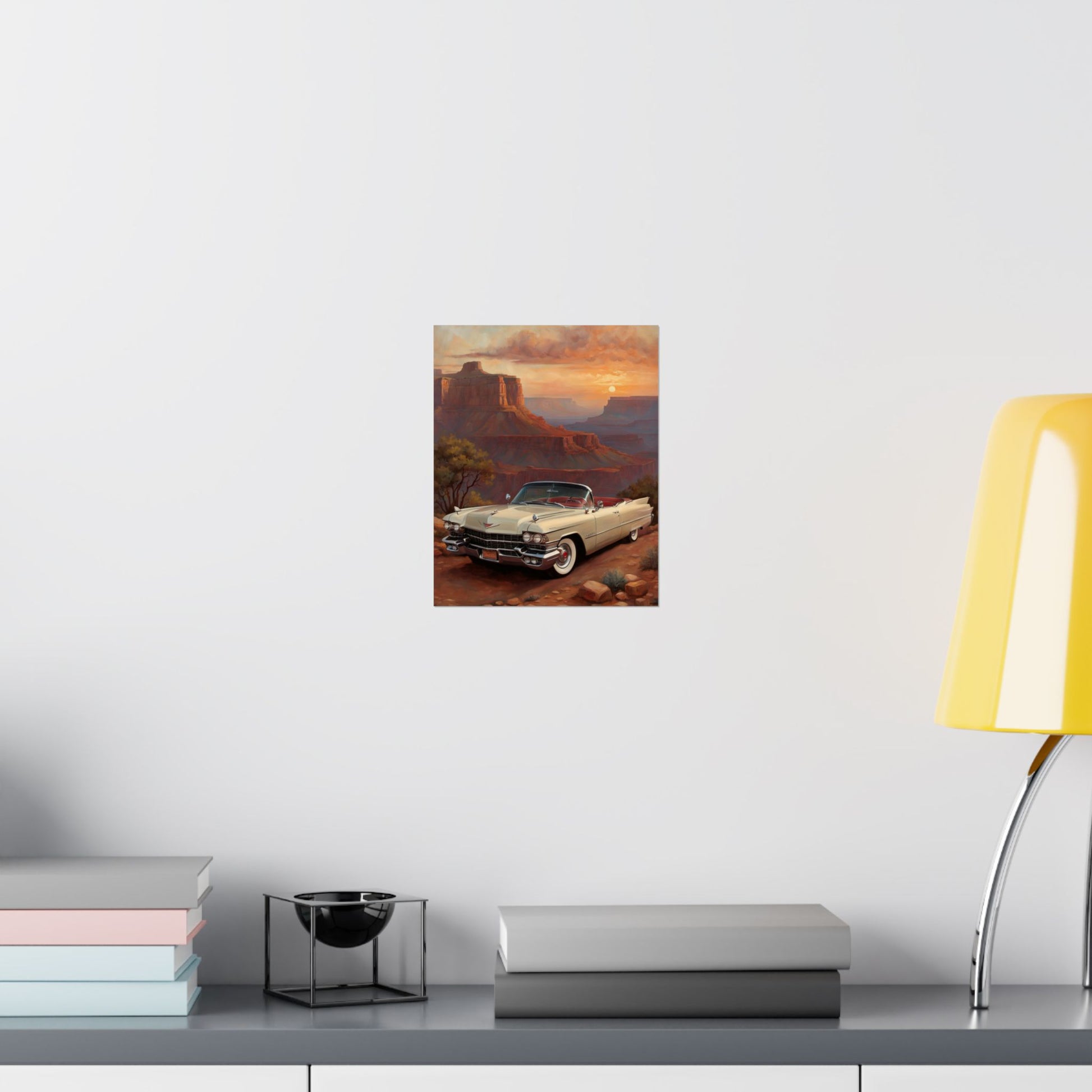 Vintage Car Wall Art Poster featuring a classic car against a scenic backdrop