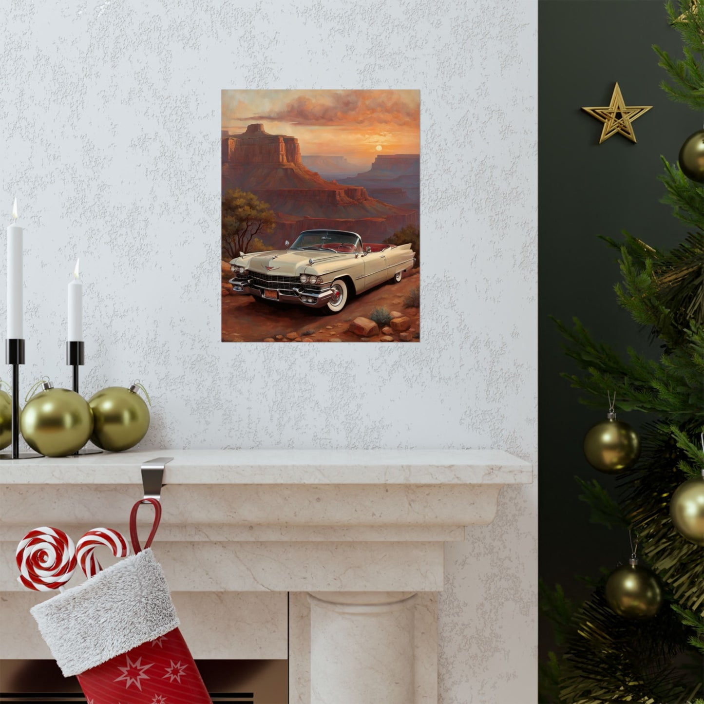 Vintage Car Wall Art Poster featuring a classic car in a scenic desert sunset landscape