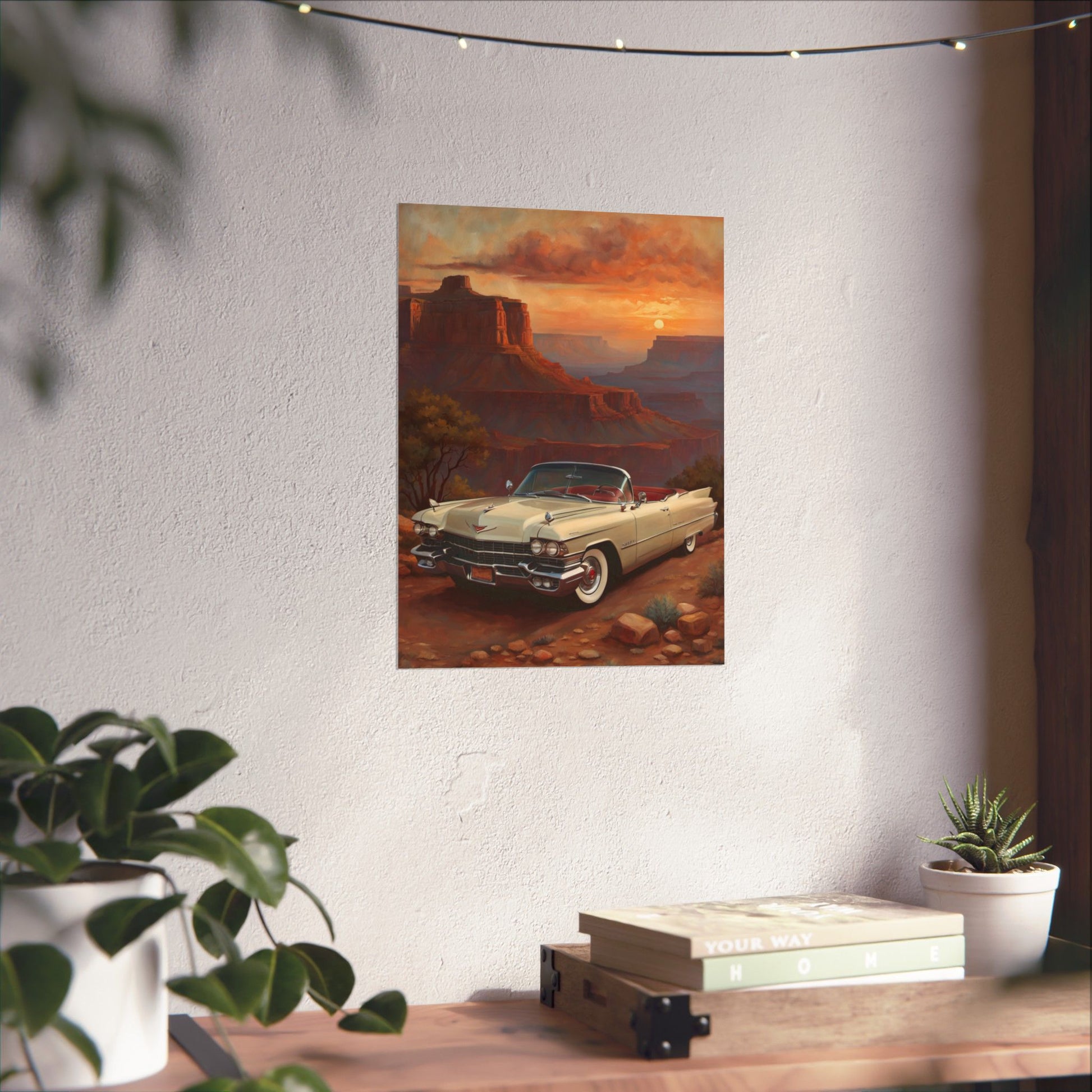 Retro Car Wall Art Poster featuring a classic car against a scenic sunset backdrop