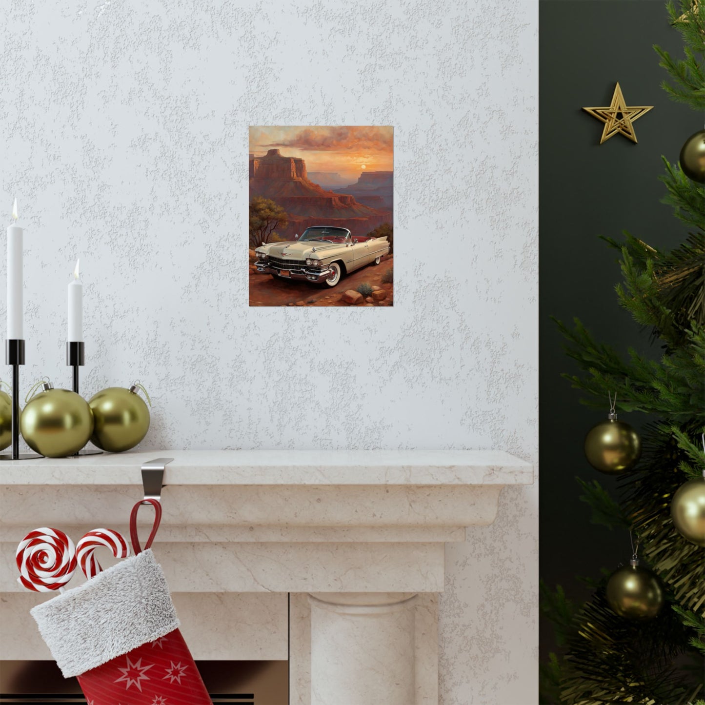 Vintage Car Wall Art Poster featuring a classic car in a scenic sunset setting above a fireplace