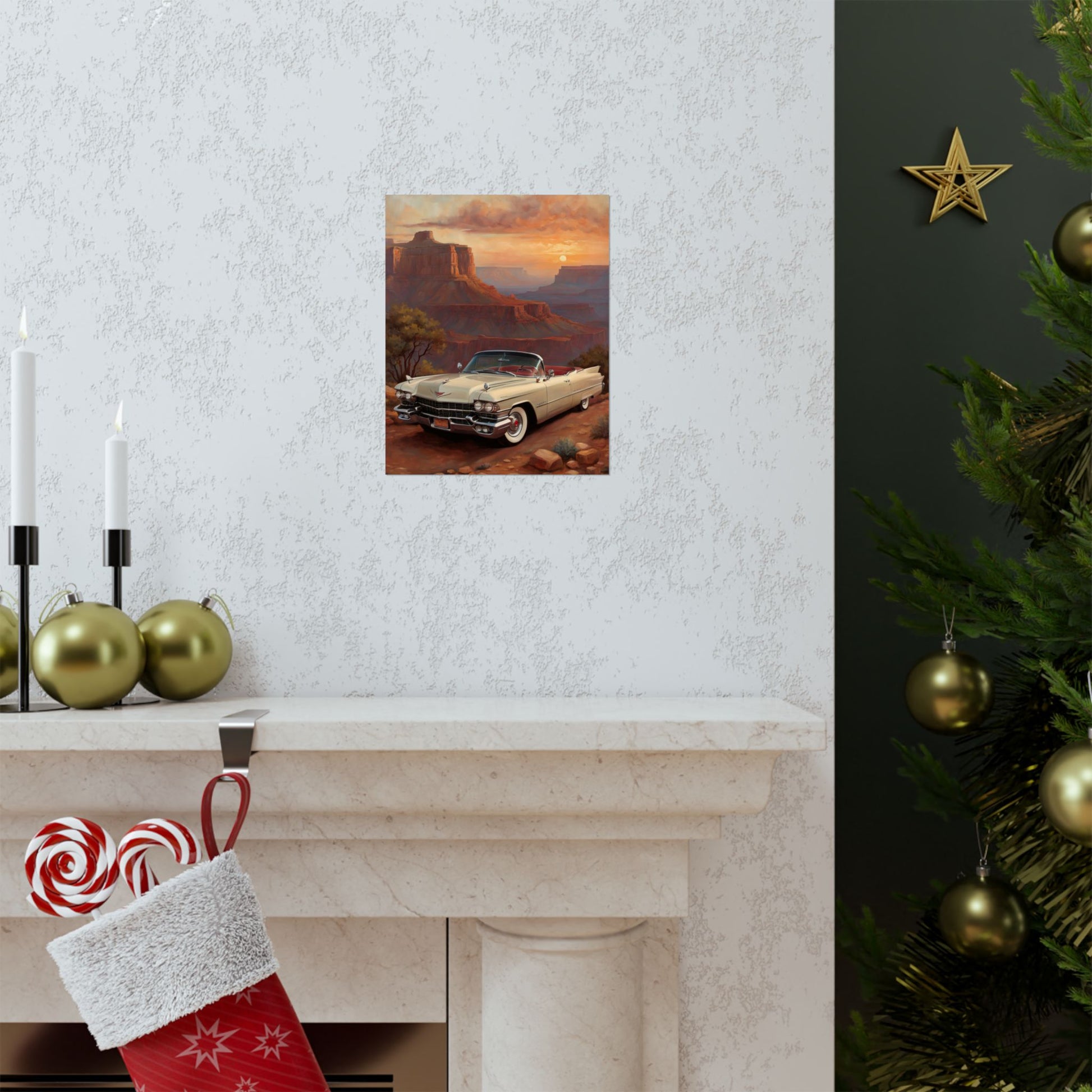 Vintage Car Wall Art Poster featuring a classic car in a scenic sunset setting above a fireplace