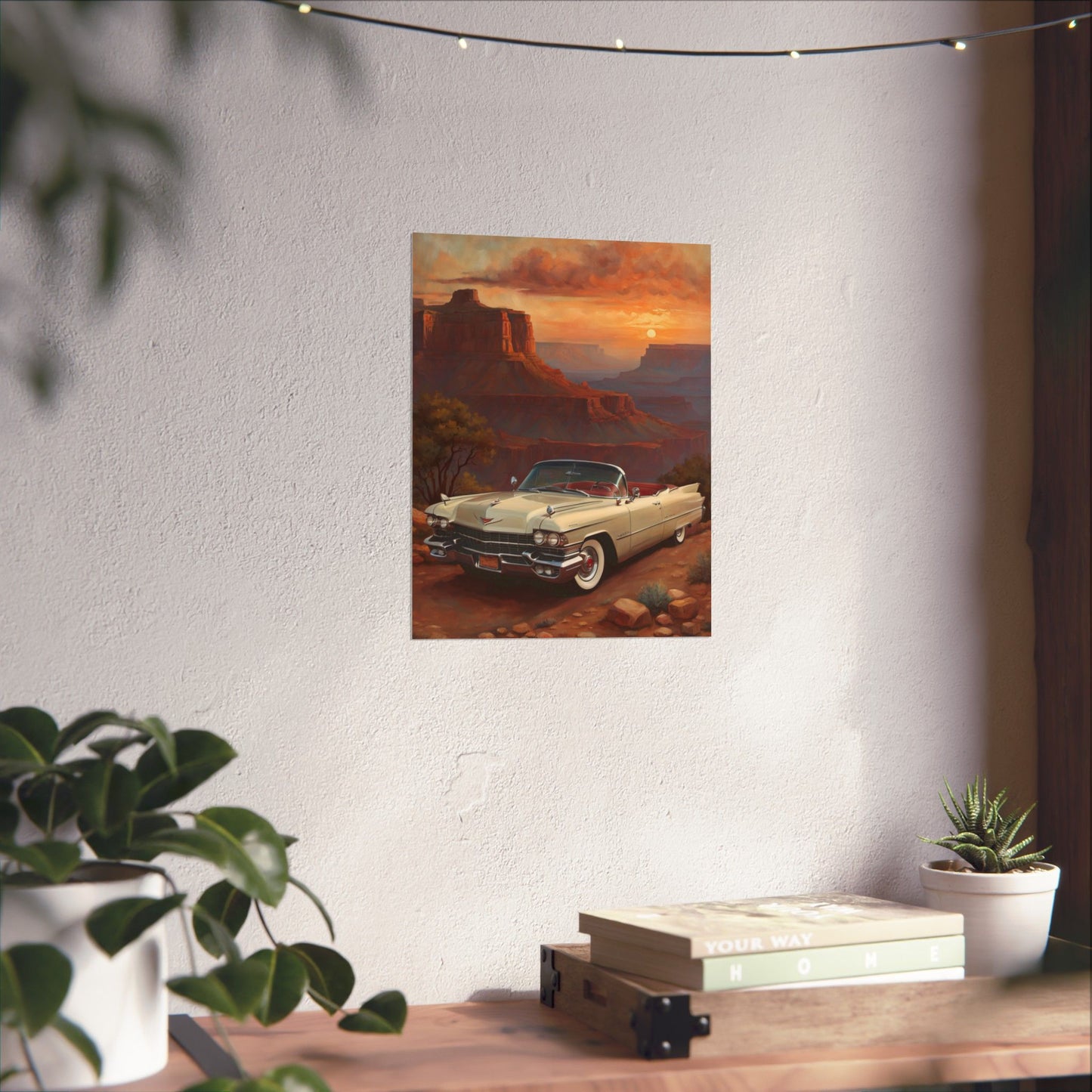 Vintage Car Wall Art Poster featuring a classic car against a stunning sunset landscape