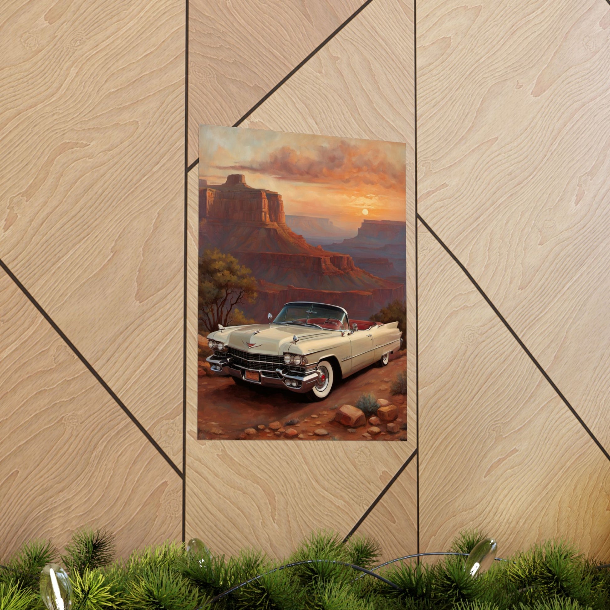 Vintage Car Wall Art Poster featuring a classic car against a desert landscape backdrop