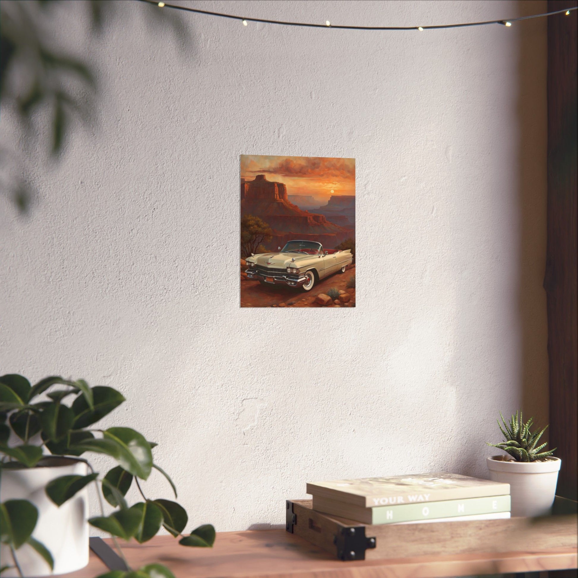 Vintage Car Wall Art Poster featuring a classic car against a scenic sunset background