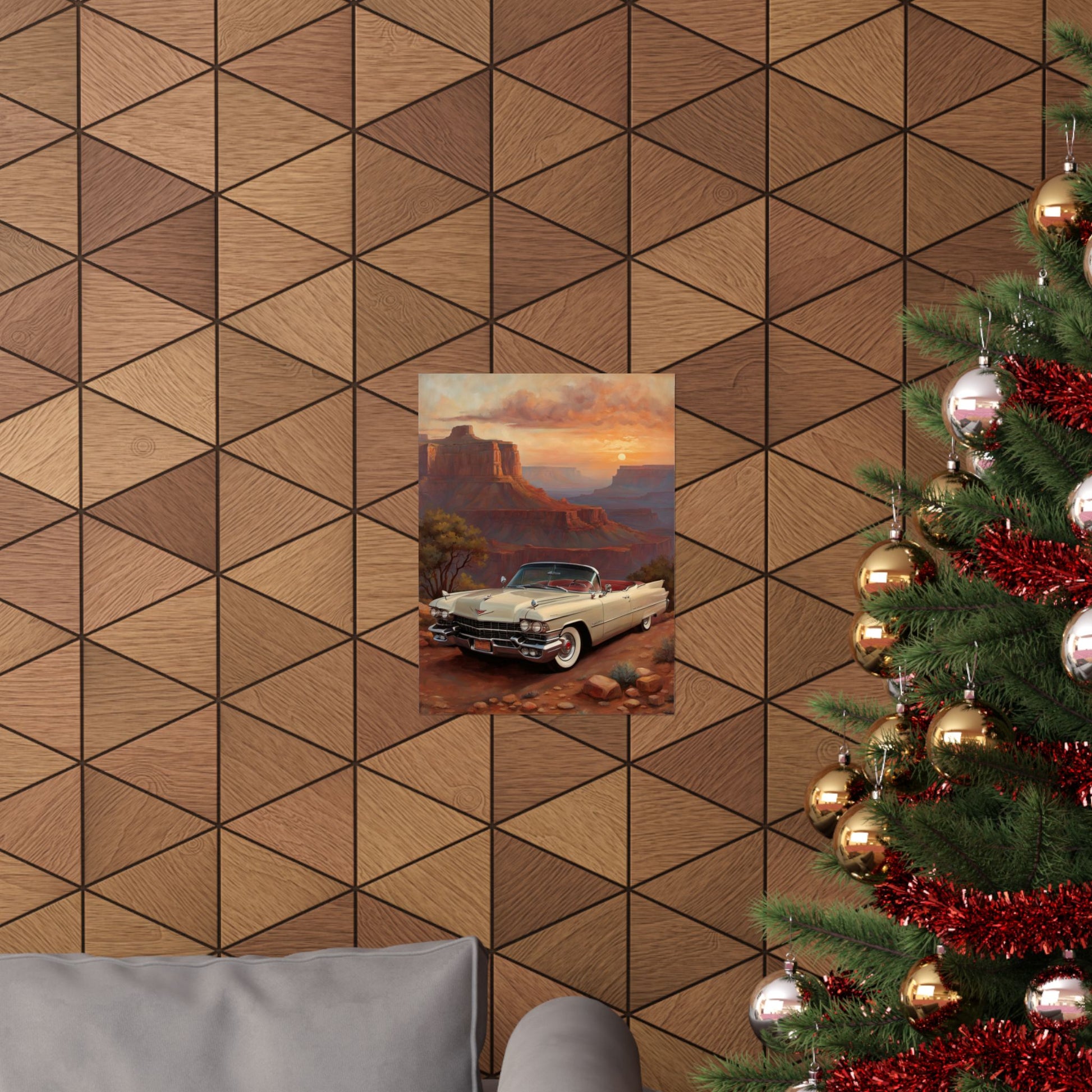 Vintage Car Wall Art Poster displayed on a stylish geometric wallpaper with a cozy holiday setting