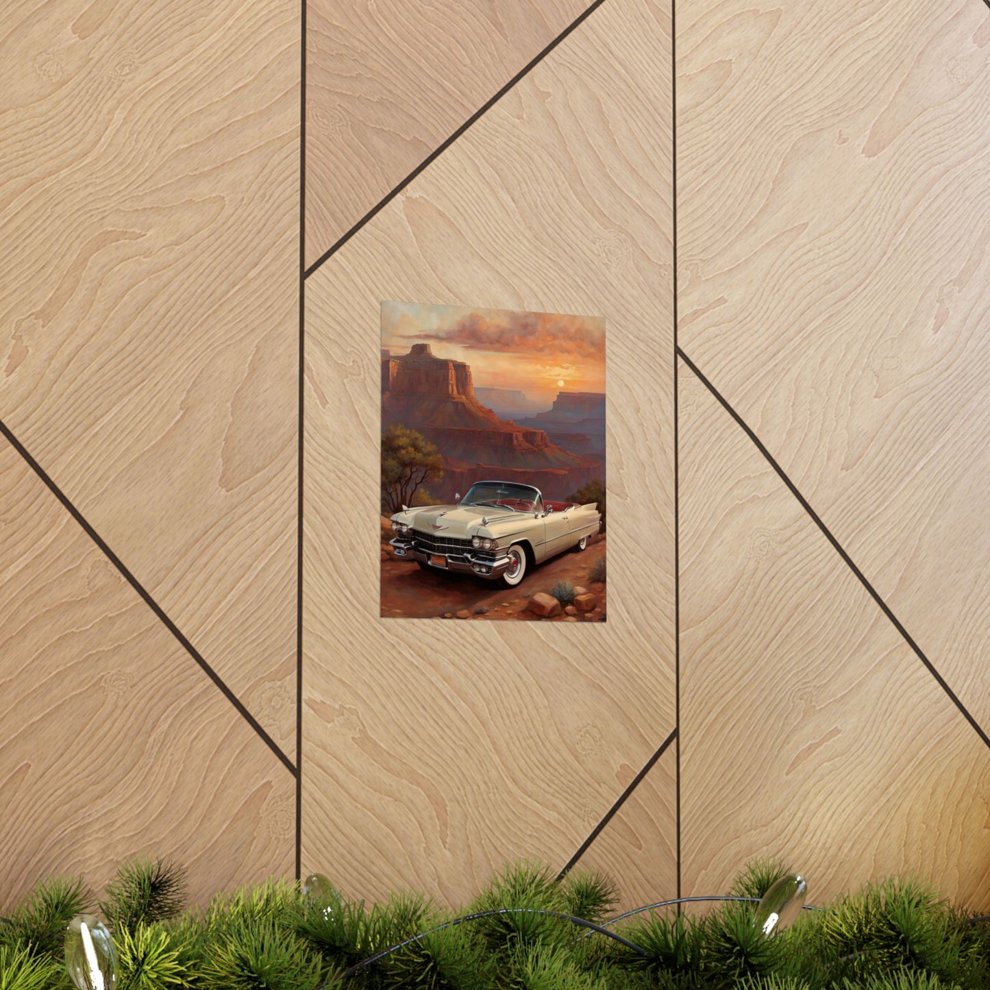 Vintage Car Wall Art Poster featuring a classic car against a scenic sunset backdrop