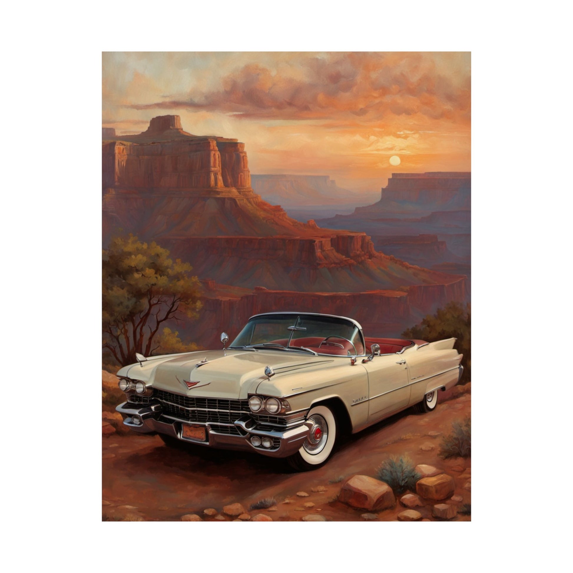 Vintage Car Wall Art Poster featuring a classic convertible against a sunset backdrop