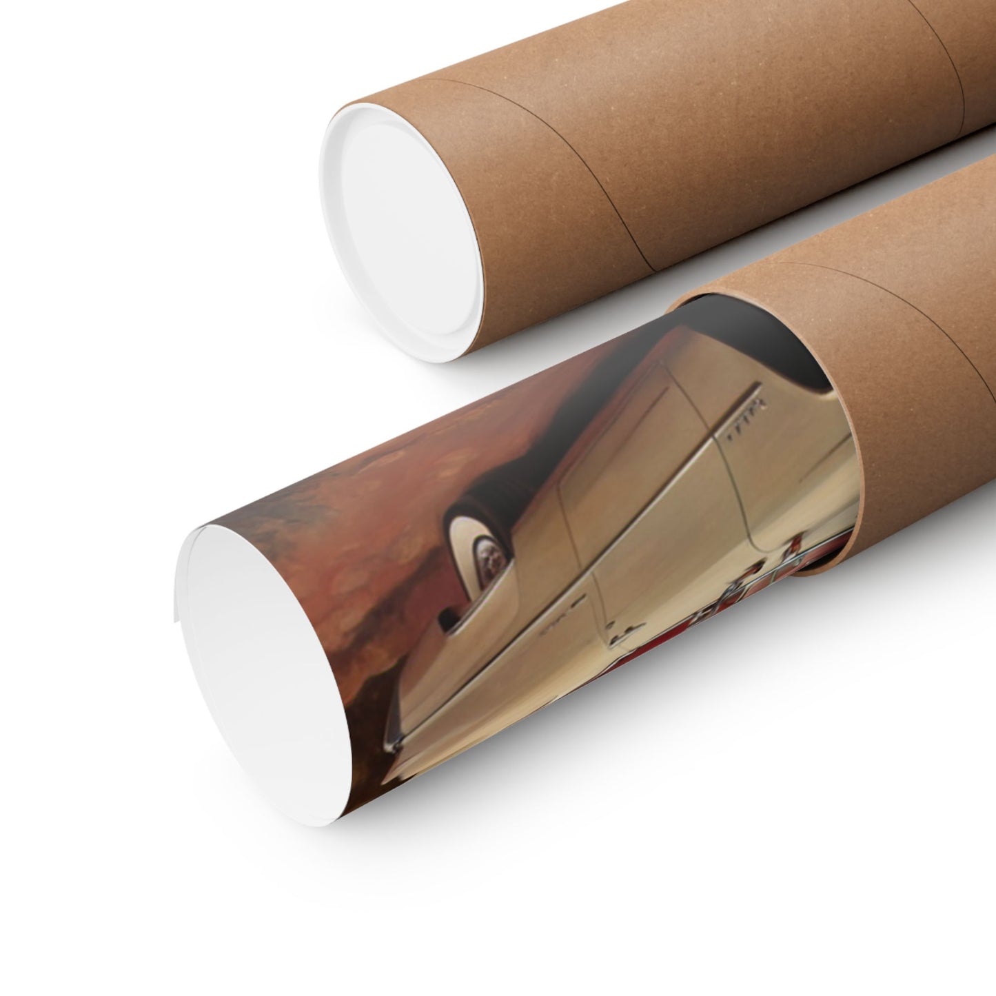 Vintage Car Wall Art Poster rolled in a tube, showcasing classic car design and vibrant colors