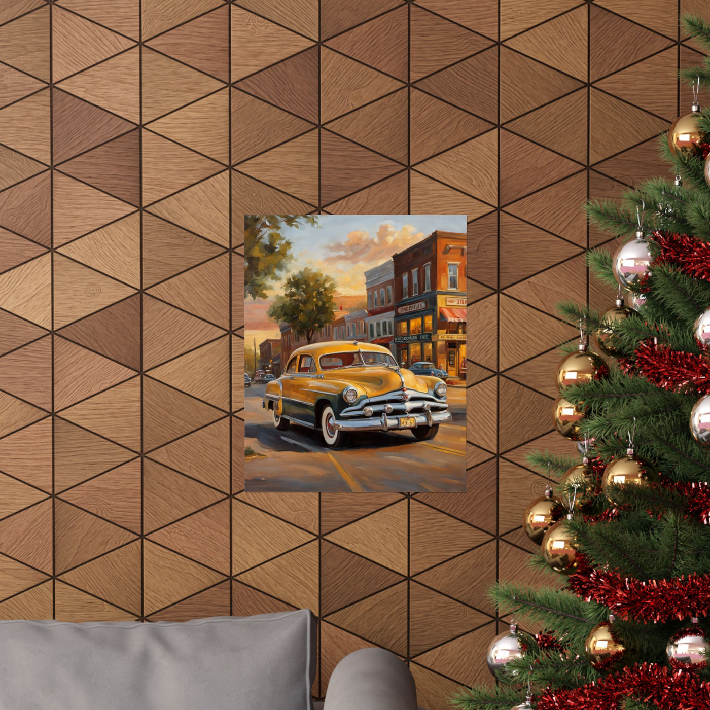 Vintage car wall art print featuring a classic car on a city street, perfectly displayed on a textured wall.