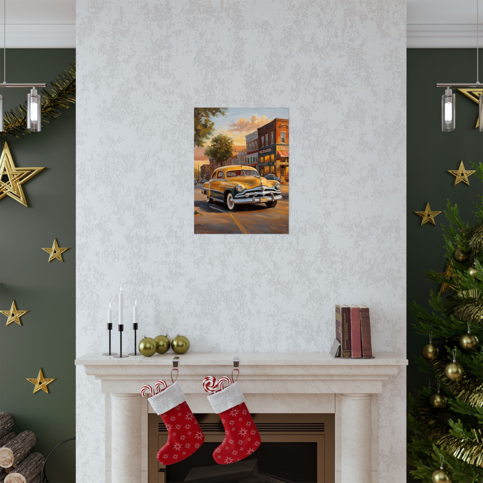 Vintage car wall art print featuring a classic car in a colorful street scene