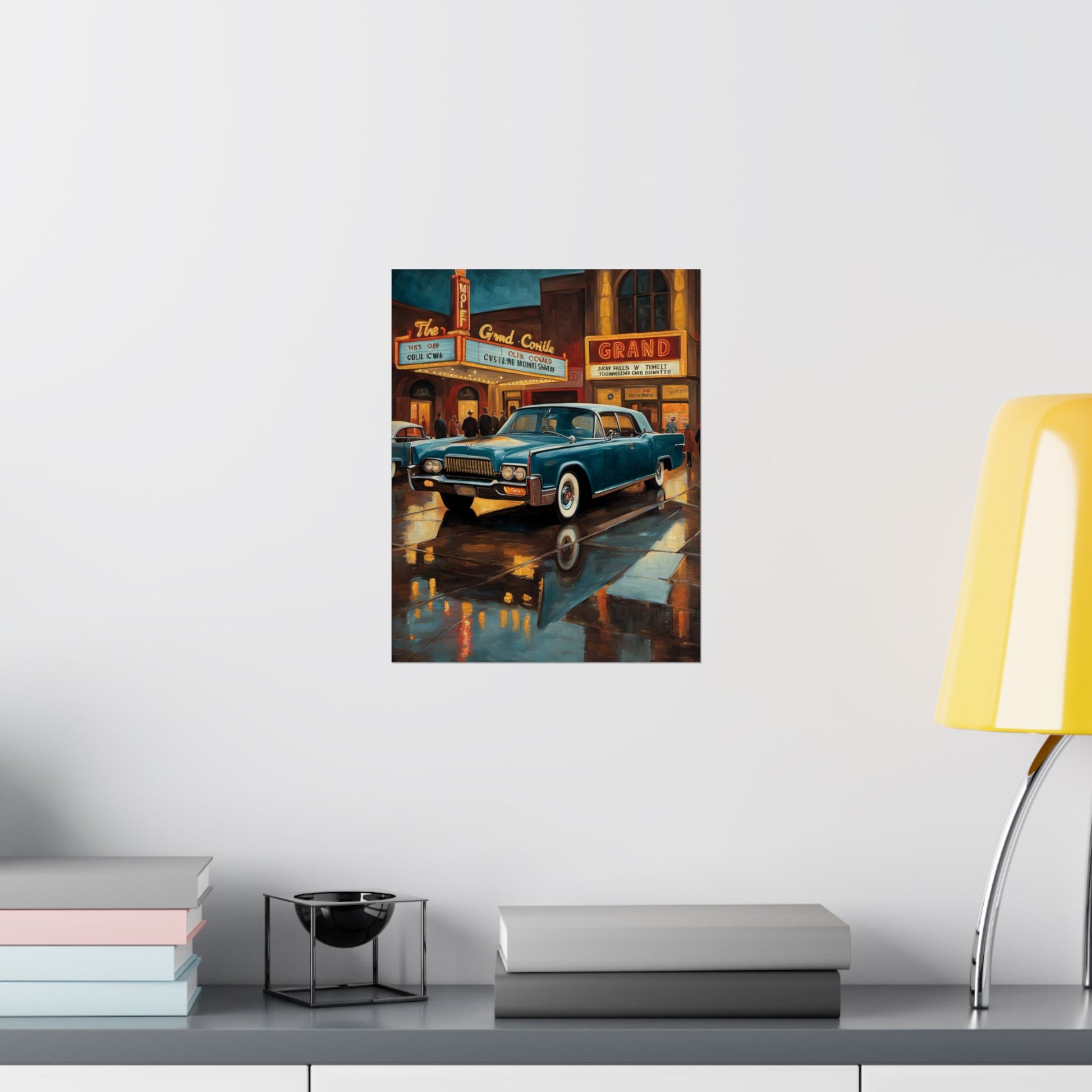 Vintage Car Wall Art Prints featuring a classic car parked near a theater on a rainy night