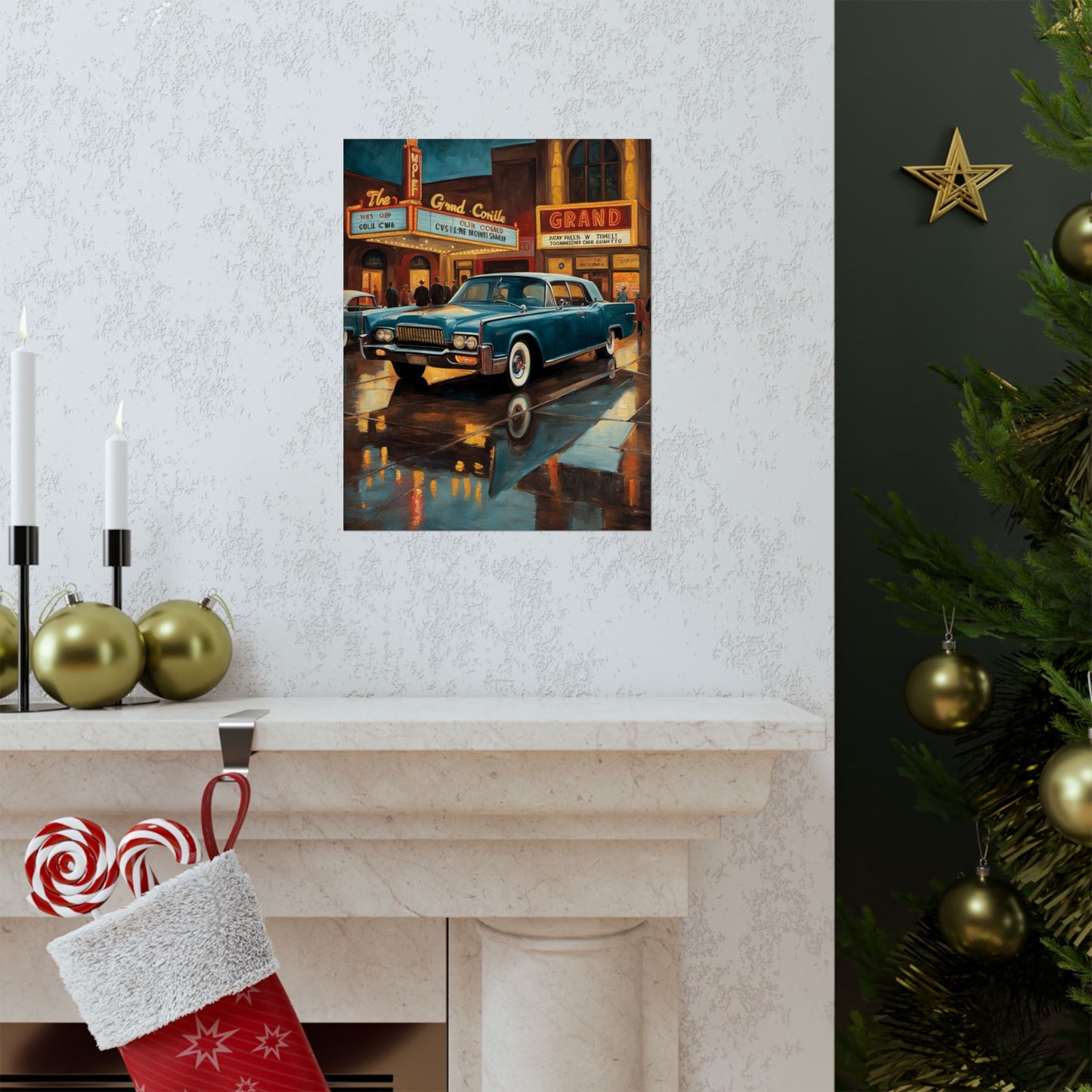 Vintage Car Wall Art Prints featuring a classic car outside a vintage theater on a rainy evening