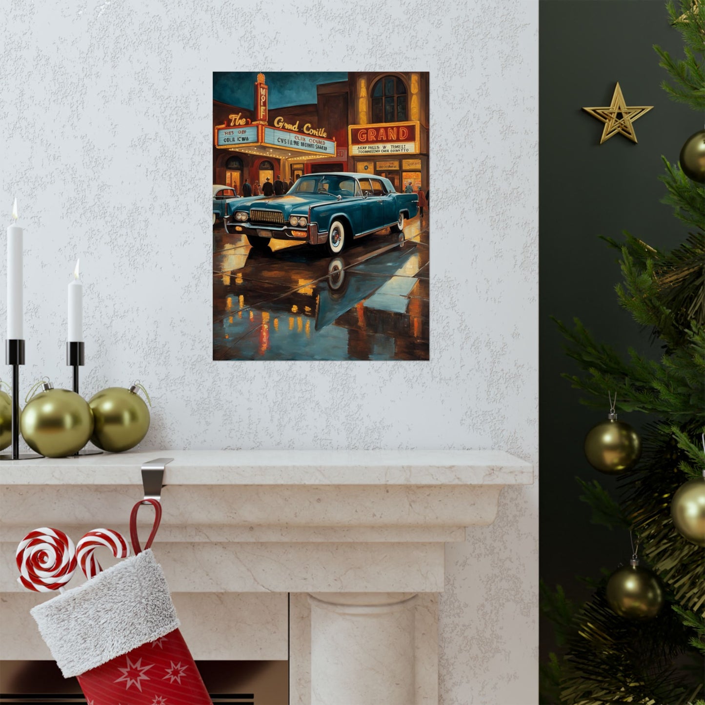 Vintage Car Wall Art Prints featuring a classic car in a city scene with reflections on wet pavement