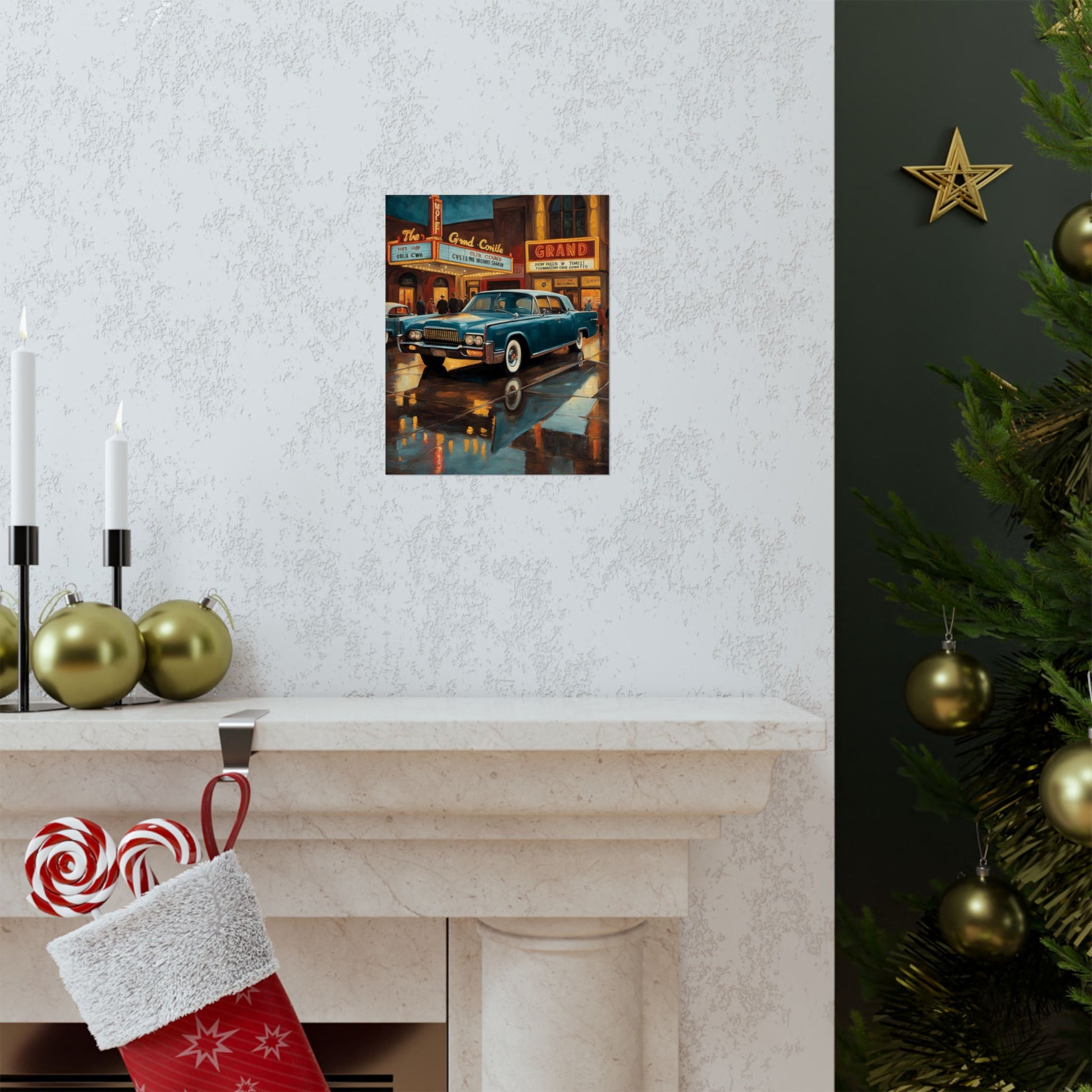 Vintage Car Wall Art Prints featuring a classic car in a rainy urban setting, perfect for home decor