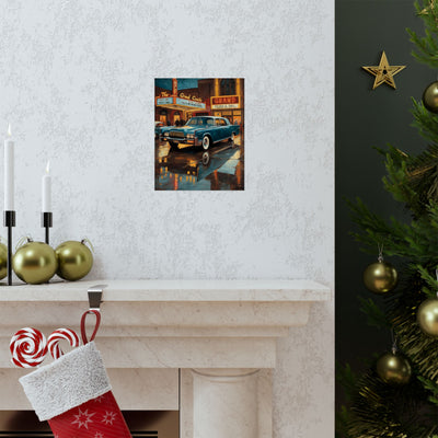 Vintage Car Wall Art Prints featuring a classic car in a rainy urban setting, perfect for home decor