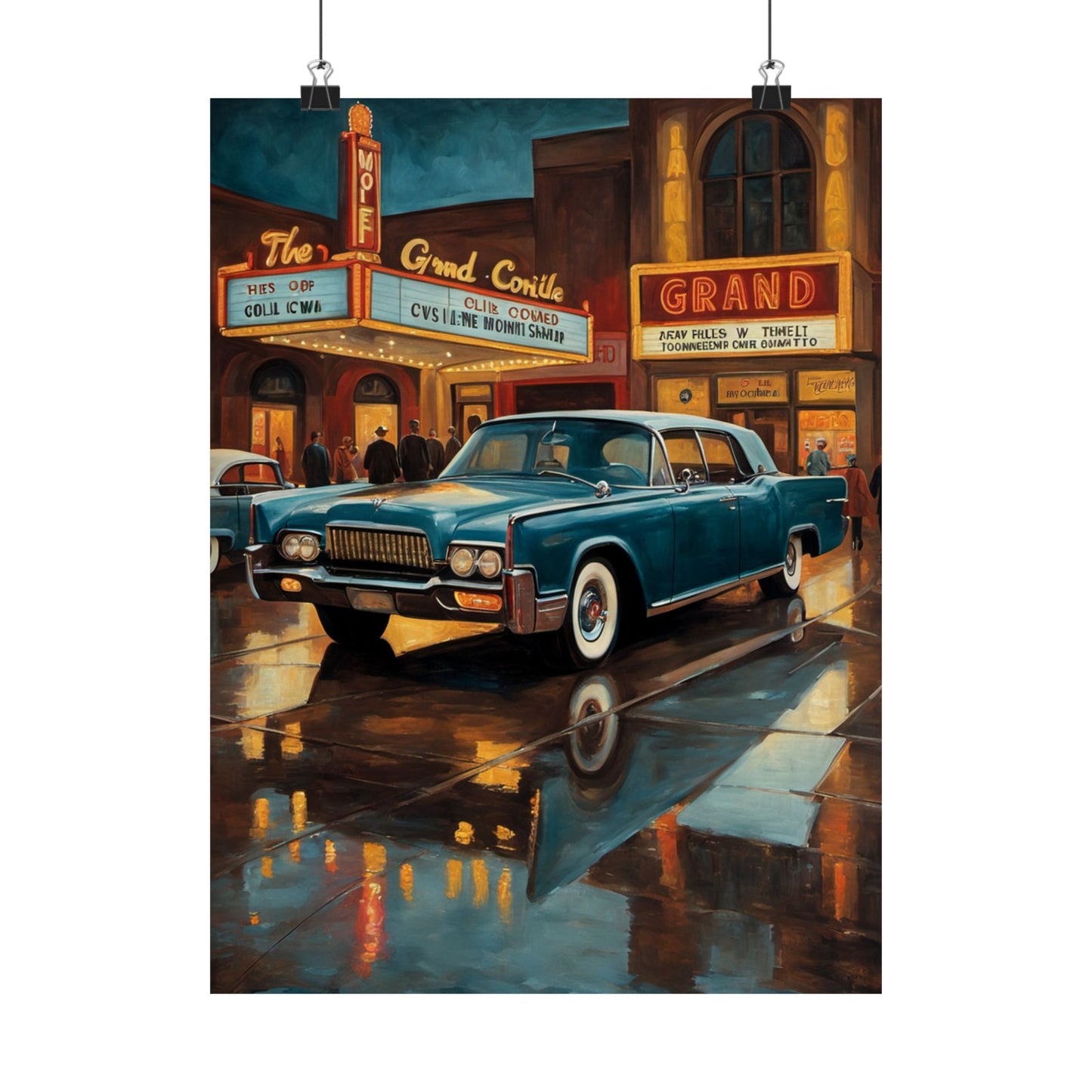 Vintage Car Wall Art Prints featuring a classic car parked by a nostalgic theater on a rainy night
