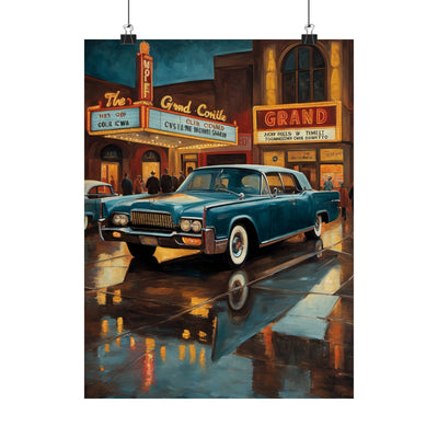 Vintage Car Wall Art Prints featuring a classic car parked by a nostalgic theater on a rainy night