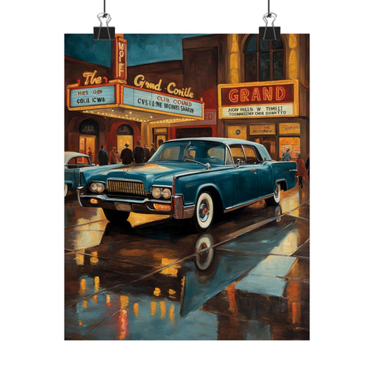Vintage Car Wall Art Prints featuring a classic blue car on a rainy city street with neon lights