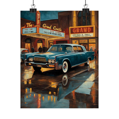 Vintage Car Wall Art Prints featuring a classic blue car on a rainy city street with neon lights