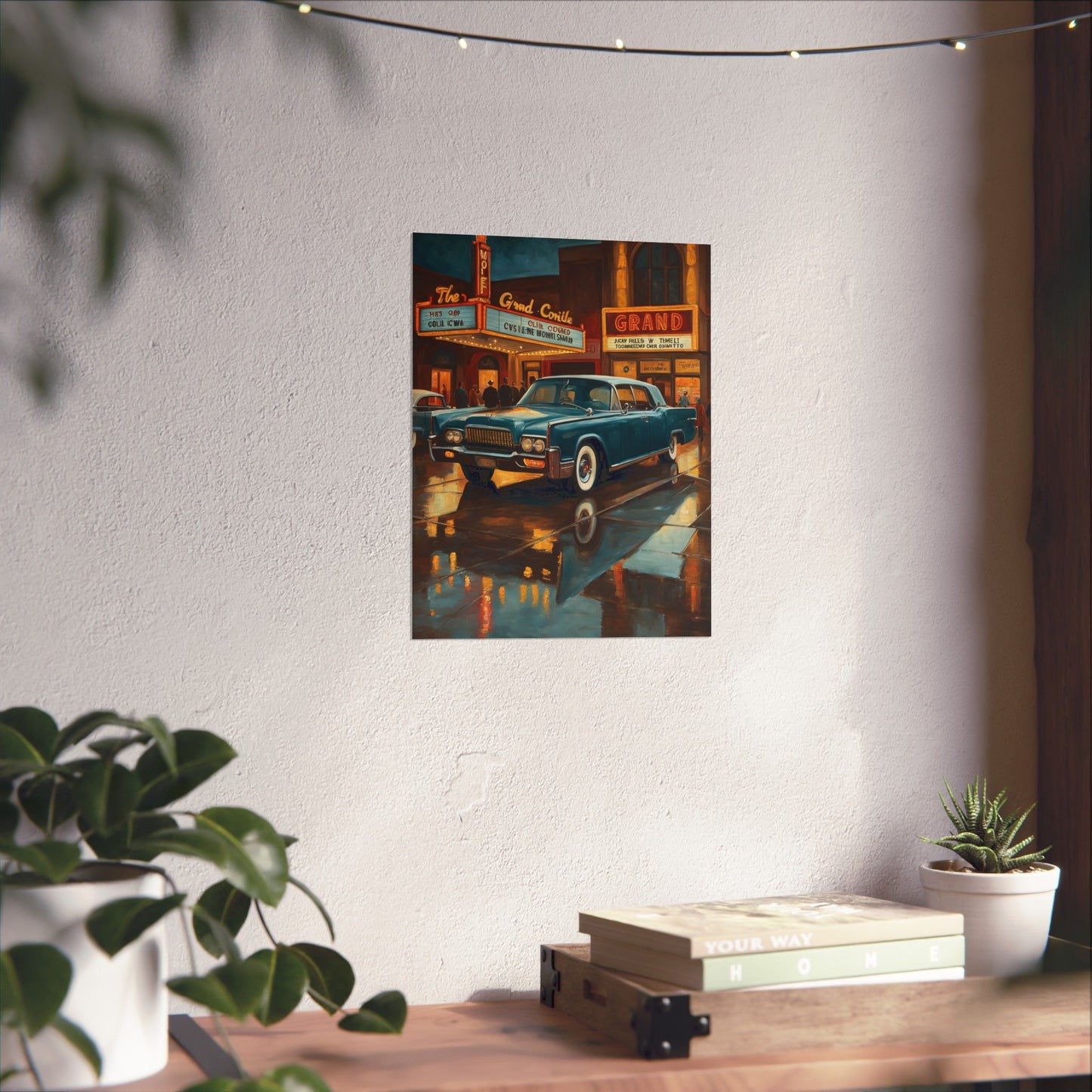 Vintage Car Wall Art Prints featuring a classic car against a retro city backdrop