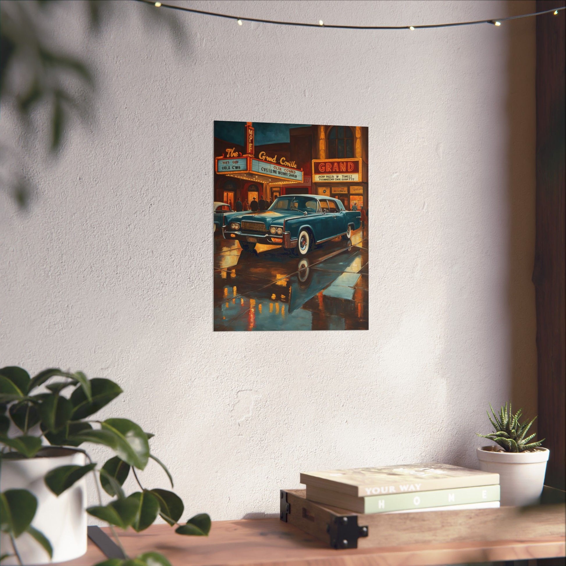 Vintage Car Wall Art Prints featuring a classic car against a retro city backdrop