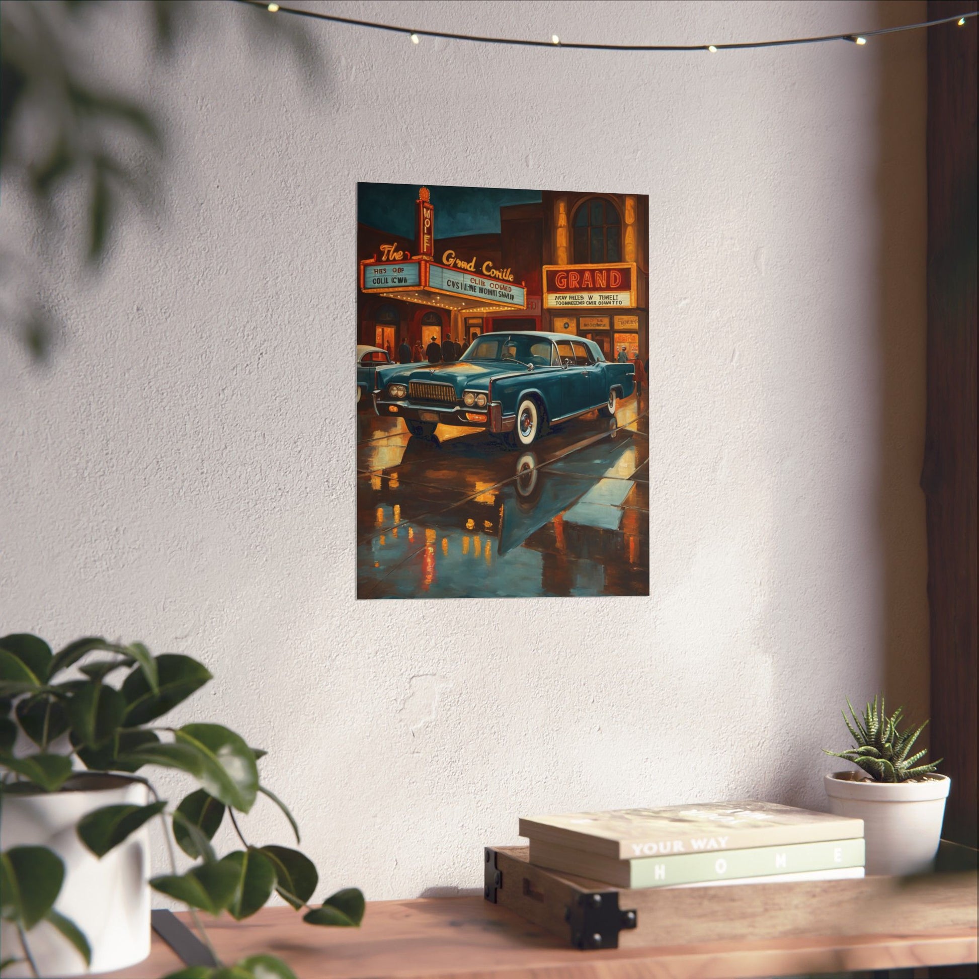 Vintage Car Wall Art Prints featuring a classic car illuminated by city lights in a cozy setting