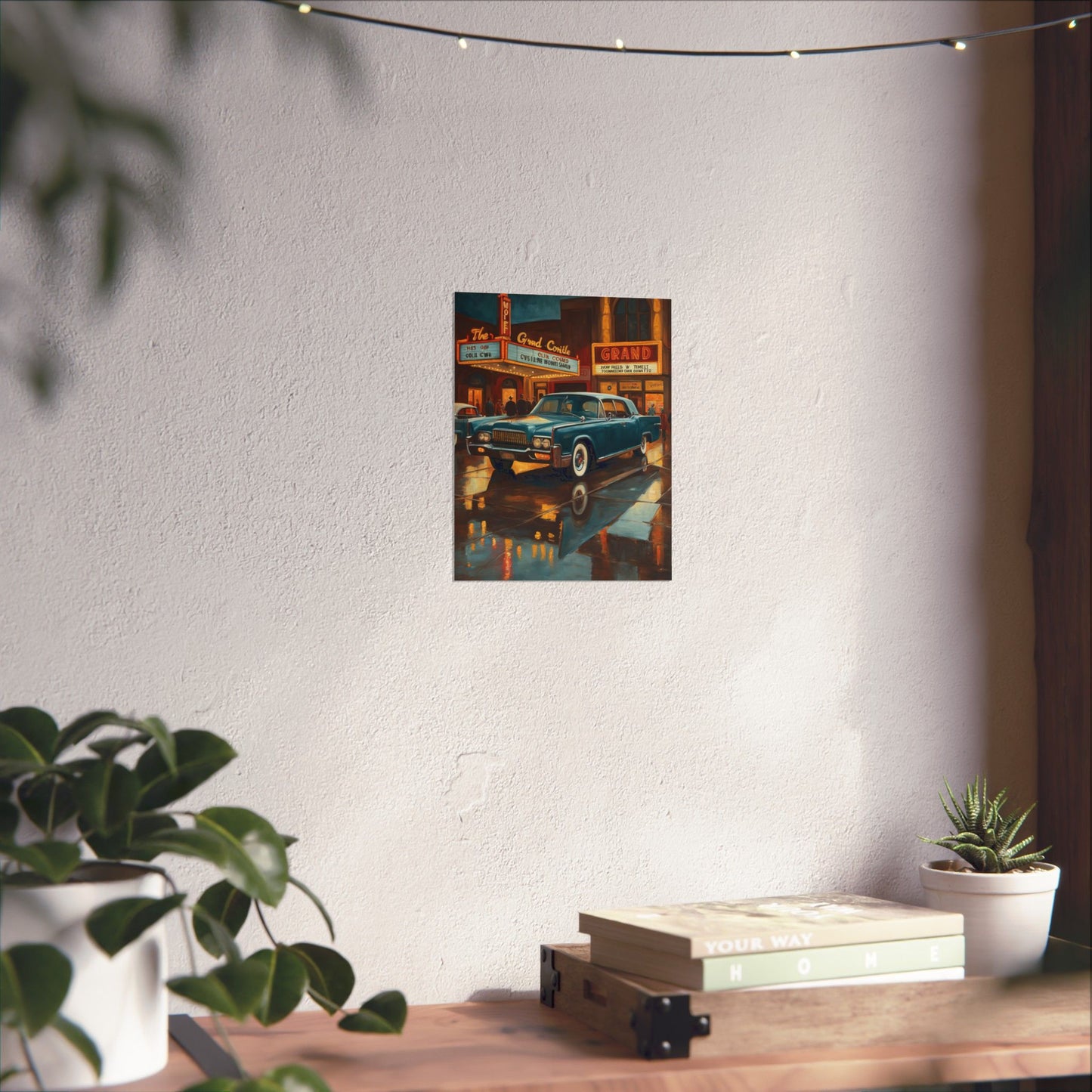 Vintage Car Wall Art Prints featuring a classic car on a rainy street in nostalgic colors