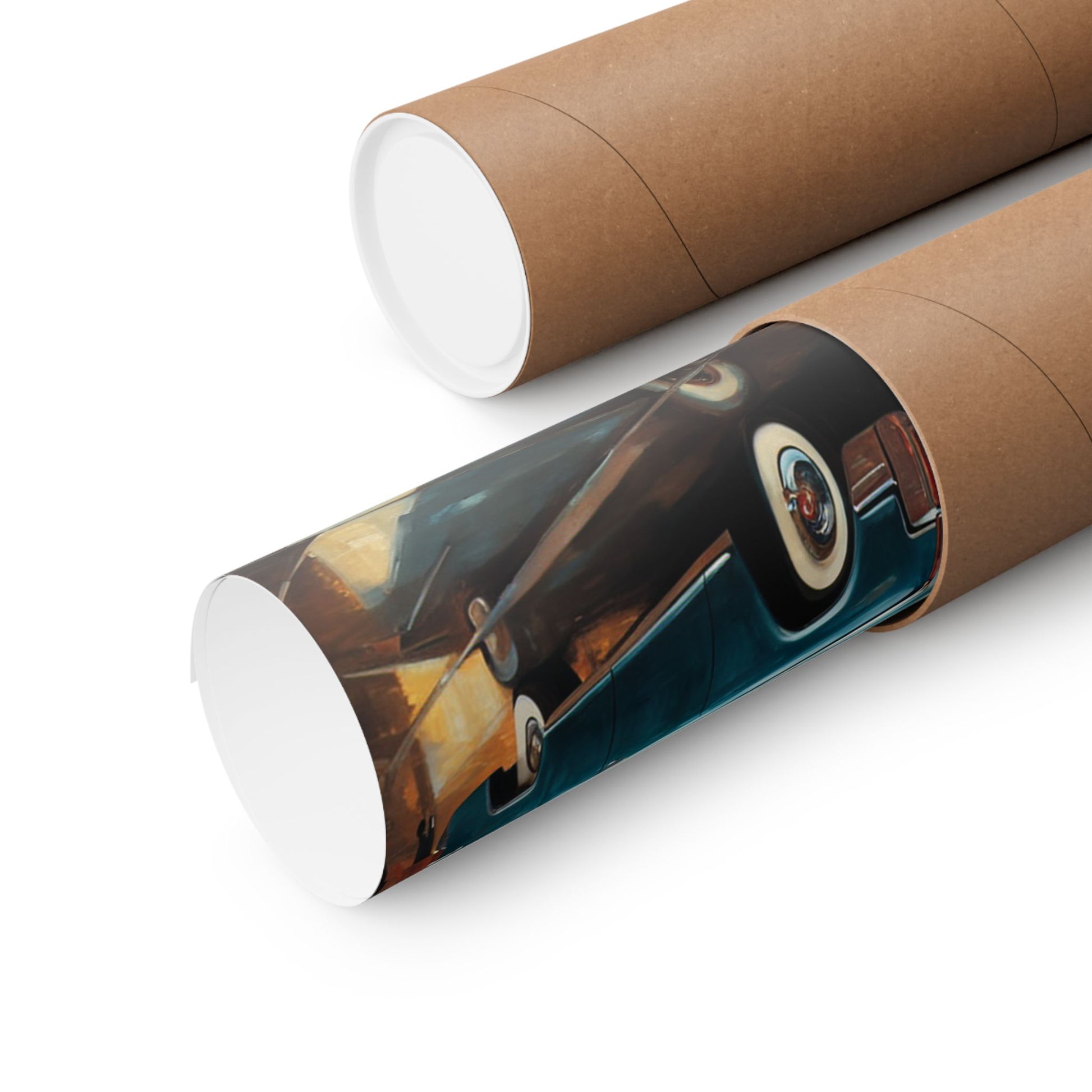 Vintage Car Wall Art Prints rolled up in eco-friendly packaging for stylish decor