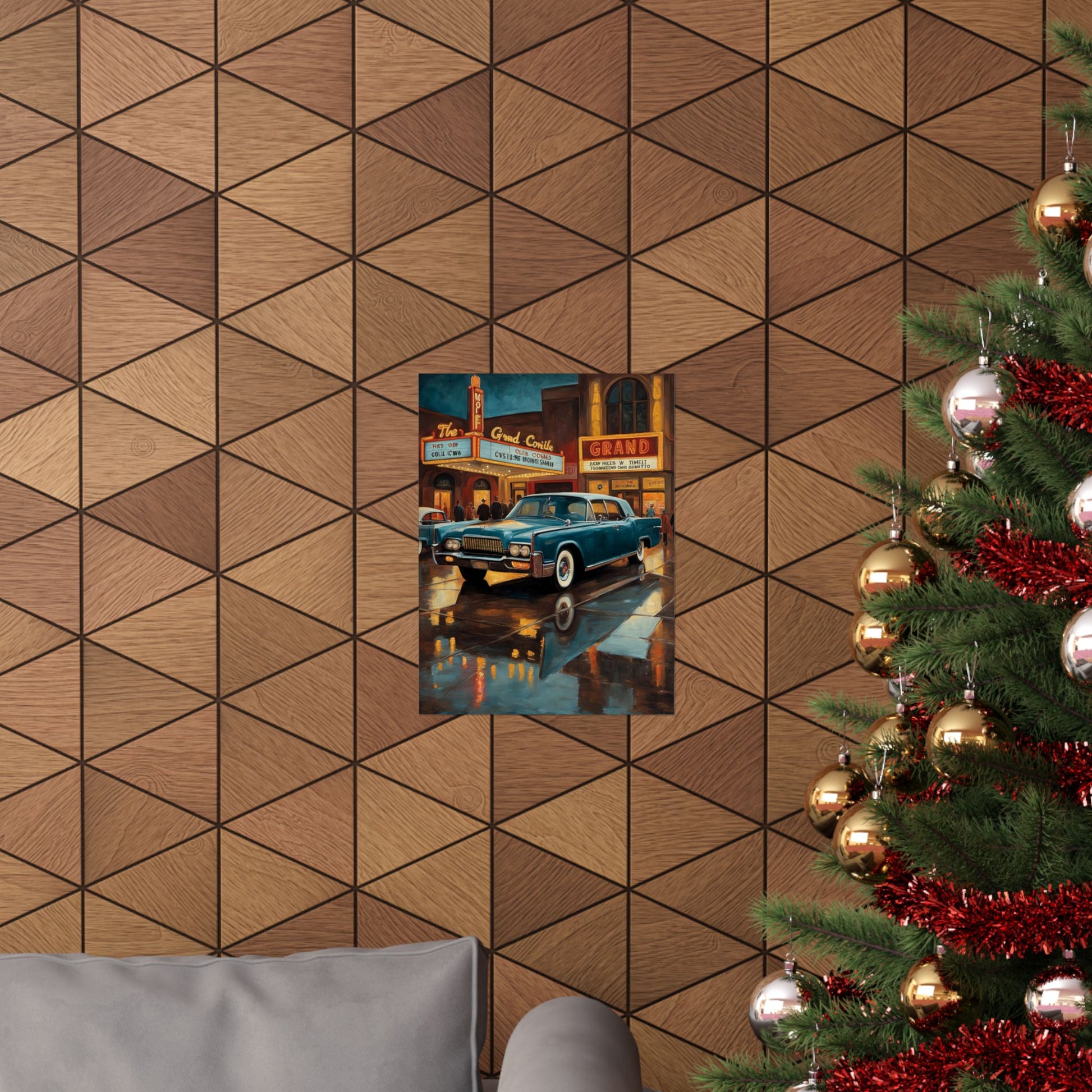 Vintage Car Wall Art Prints featuring a classic car against a retro backdrop on a geometric wall.