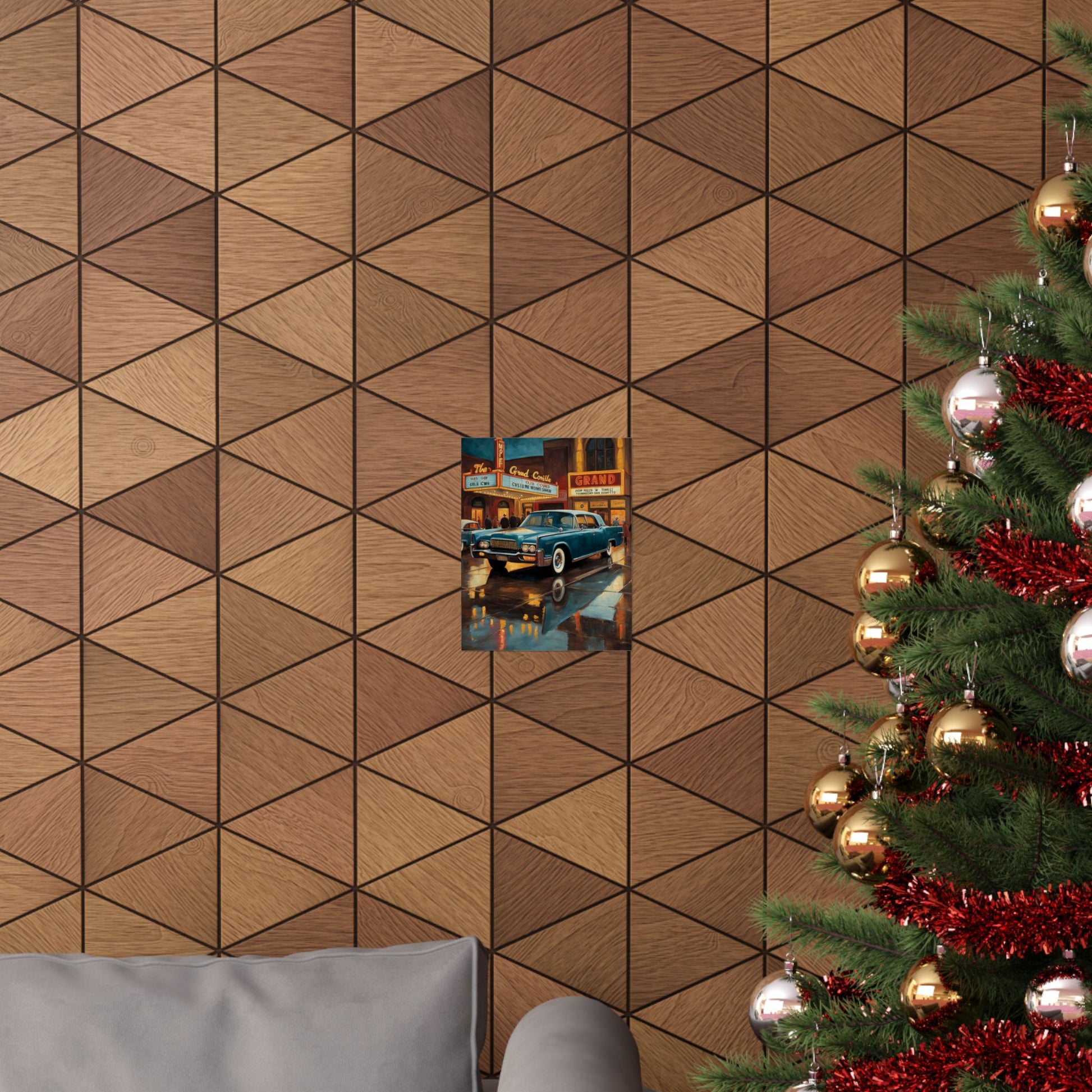 Vintage Car Wall Art Prints displayed on a textured wall near a Christmas tree and sofa
