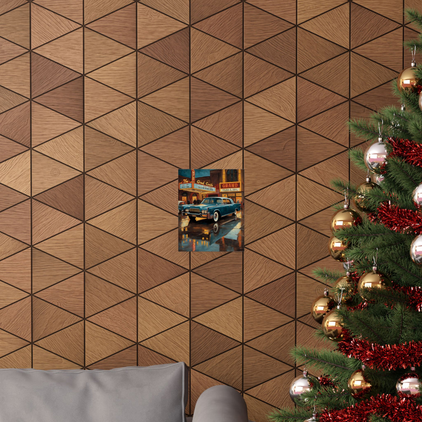Vintage Car Wall Art Prints displayed on a textured wall near a Christmas tree and sofa