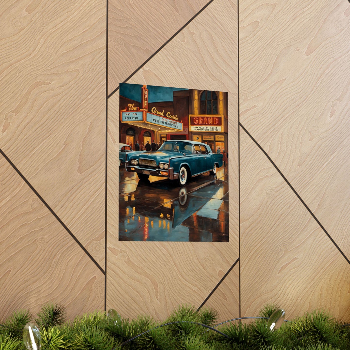 Vintage Car Wall Art Prints featuring a classic car in front of a theater on a rainy night