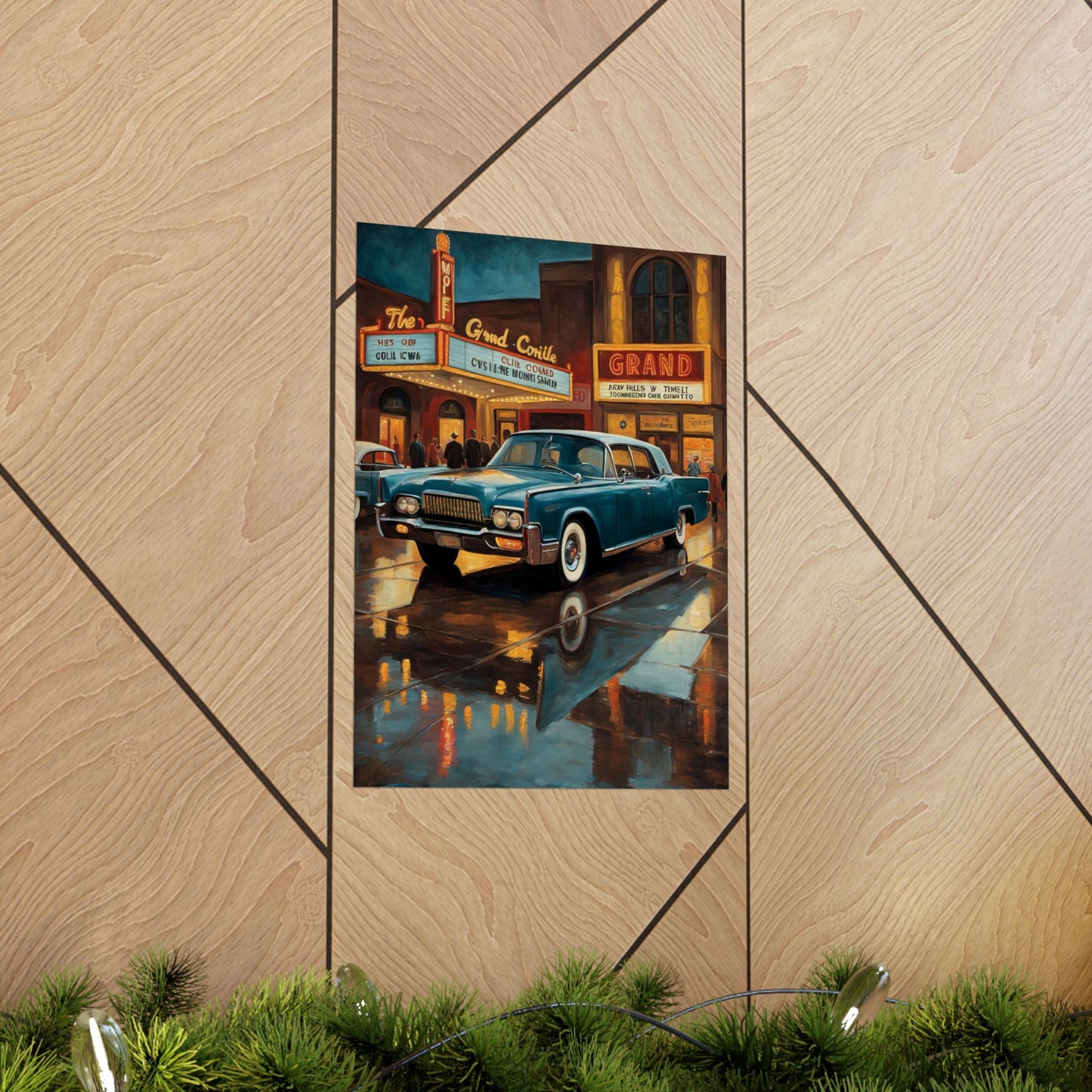 Vintage Car Wall Art Prints featuring a classic blue car in front of a retro theater