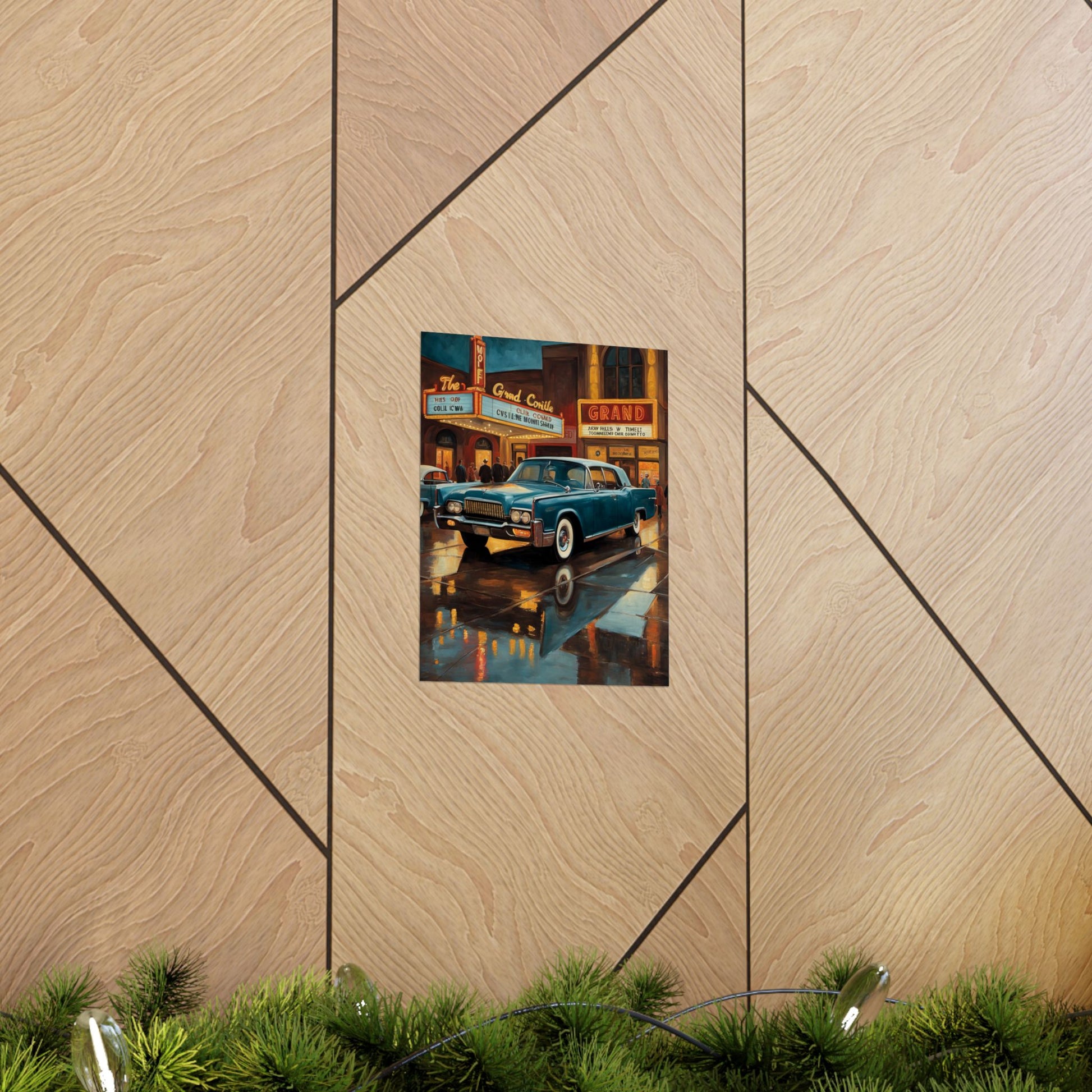Vintage Car Wall Art Prints featuring a classic car in a city setting with reflections on wet pavement