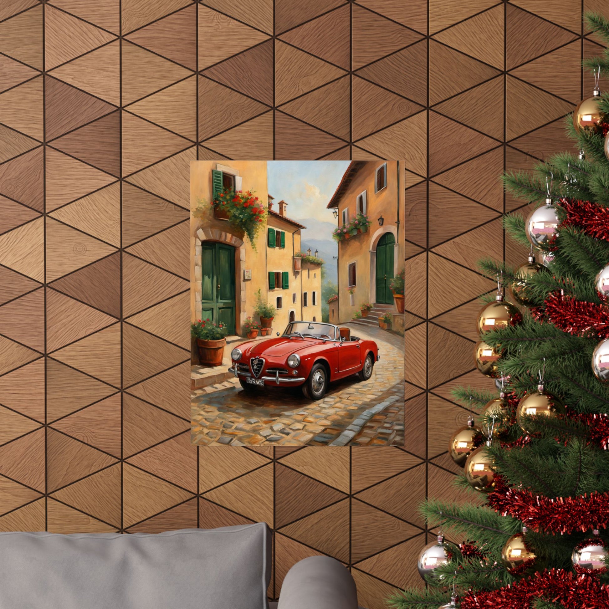 Vintage Car Wall Art featuring a nostalgic red car on a charming cobblestone street