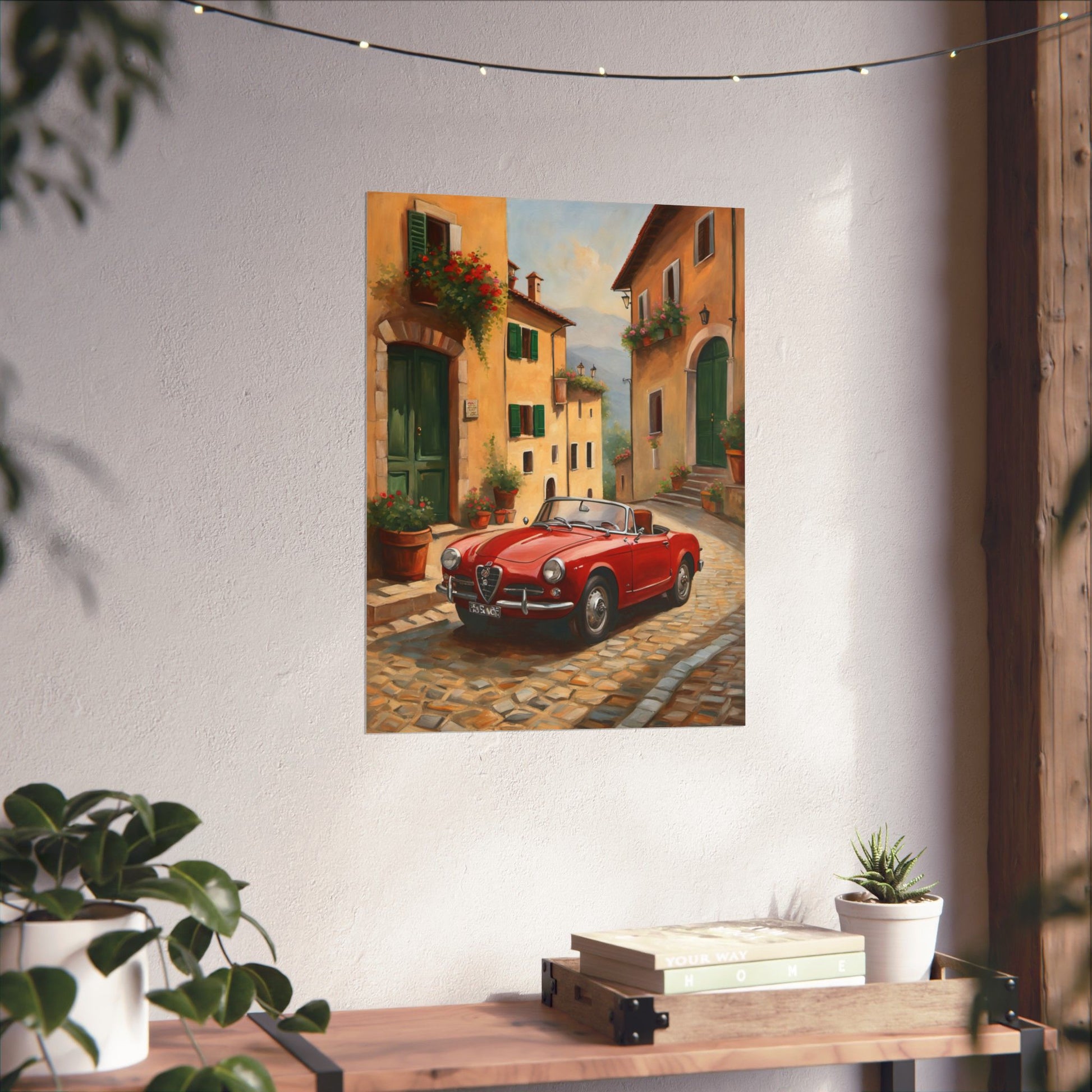 Vintage Car Wall Art featuring a red convertible in a picturesque cobblestone street setting