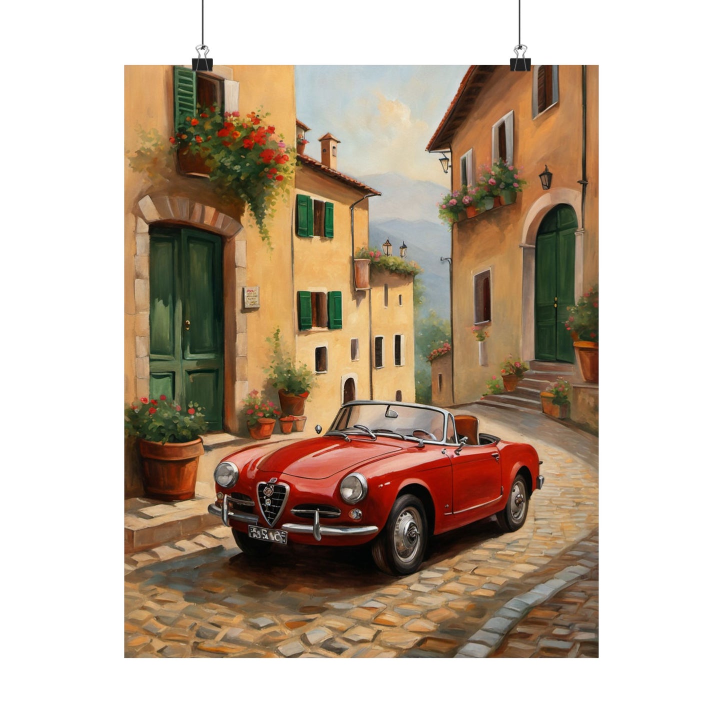 Vintage Car Wall Art featuring a red classic car on a picturesque cobblestone street in Italy