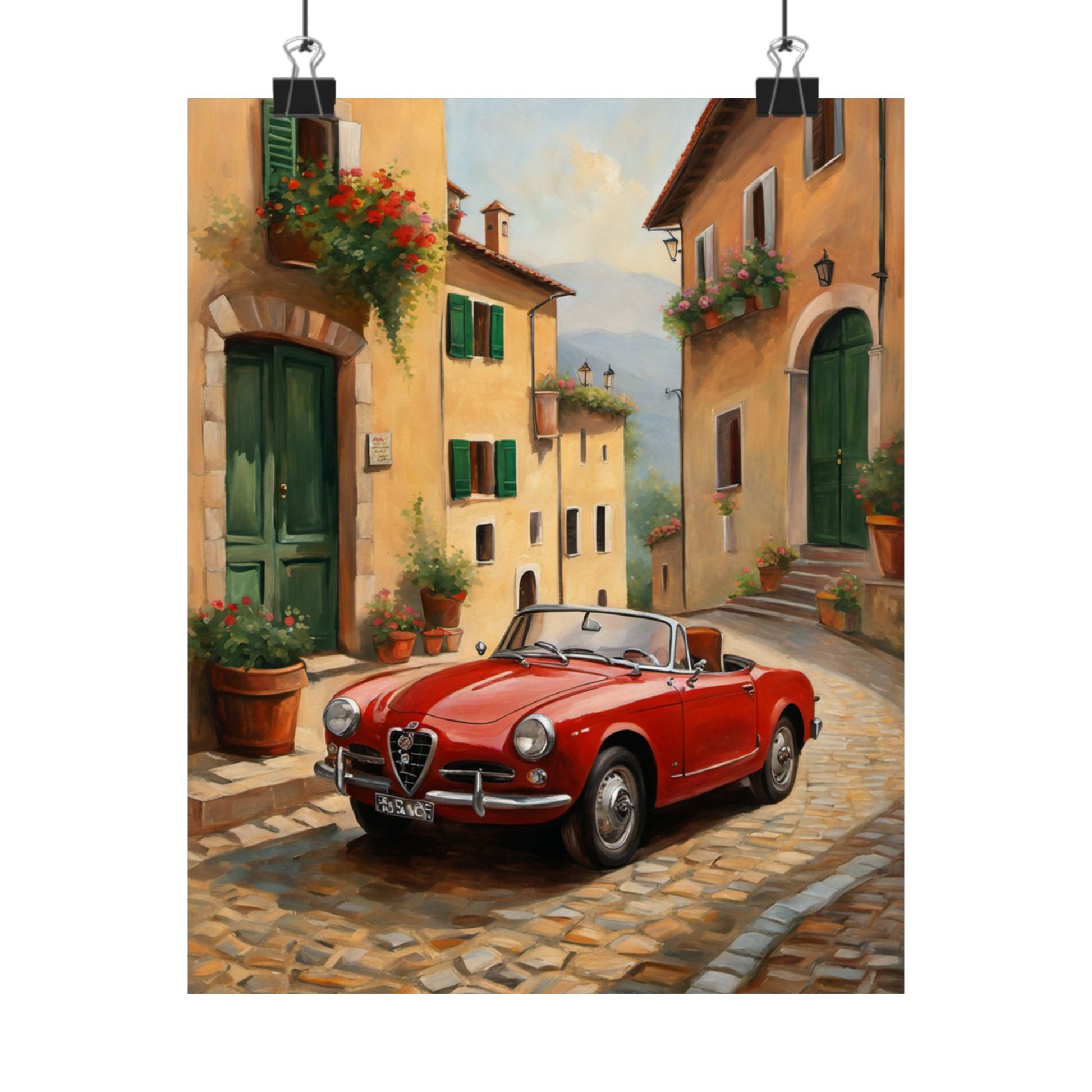 Vintage Car Wall Art featuring a red car parked on a charming cobblestone street
