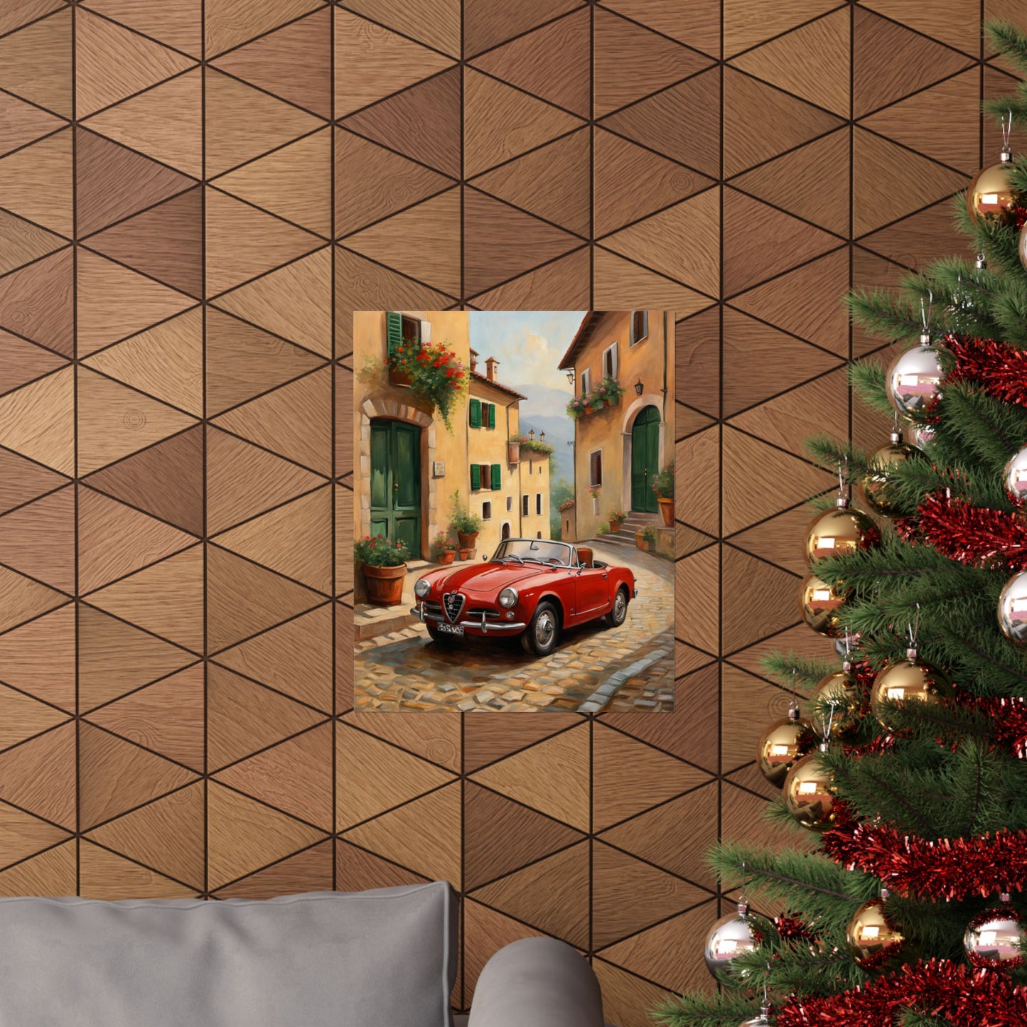 Vintage Car Wall Art featuring a red classic car parked in a scenic Italian street setting