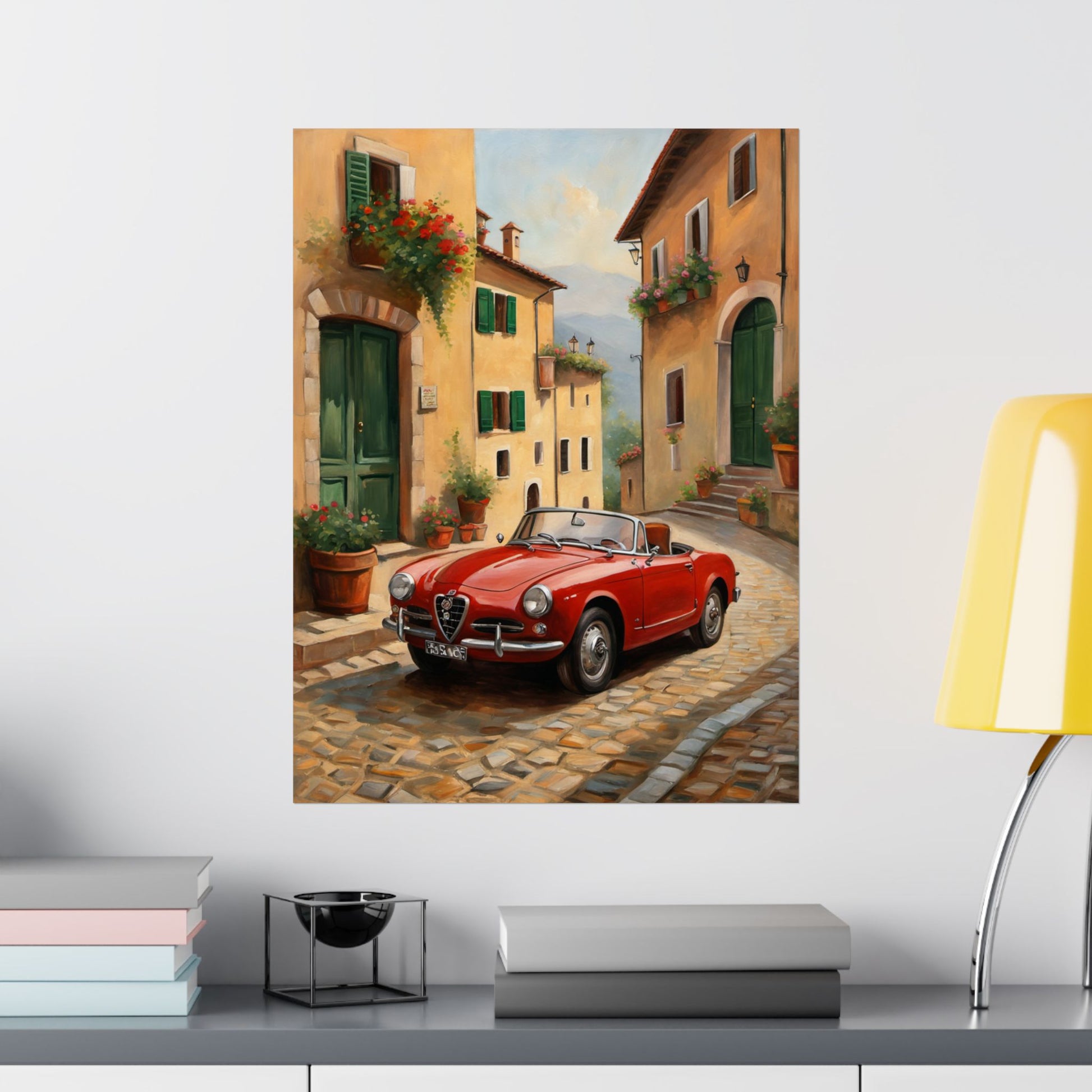 Vintage Car Wall Art featuring a red convertible on a cobblestone street surrounded by charming buildings