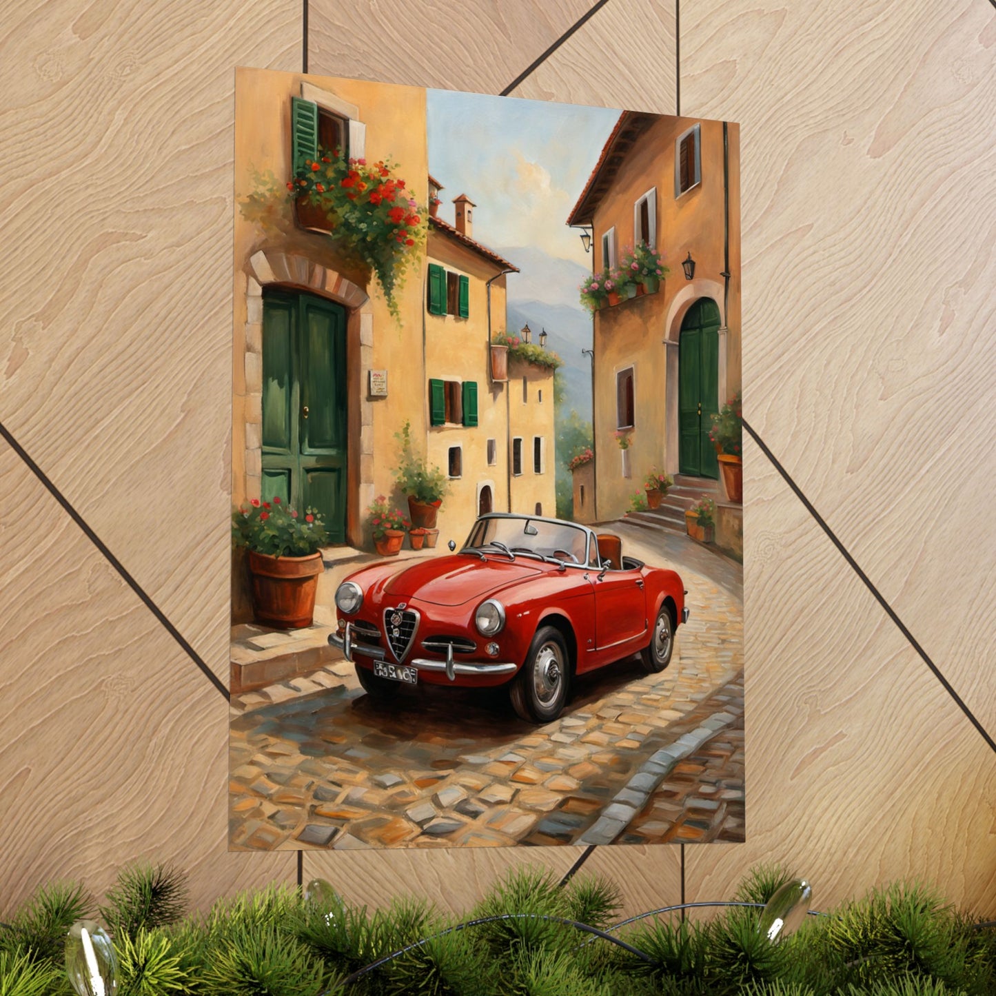 Vintage Car Wall Art featuring a red convertible on a charming cobblestone street
