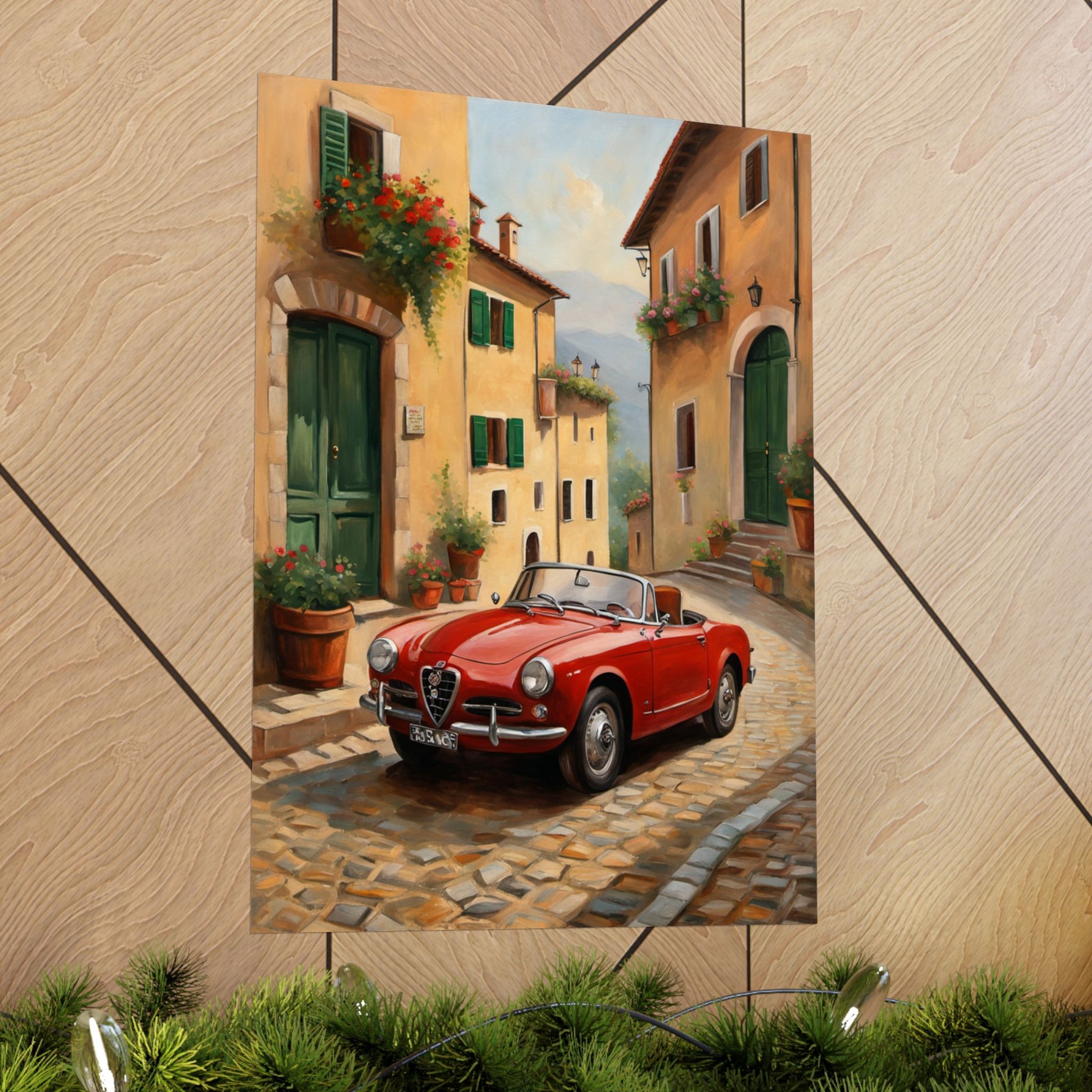 Vintage Car Wall Art featuring a red convertible on a charming cobblestone street