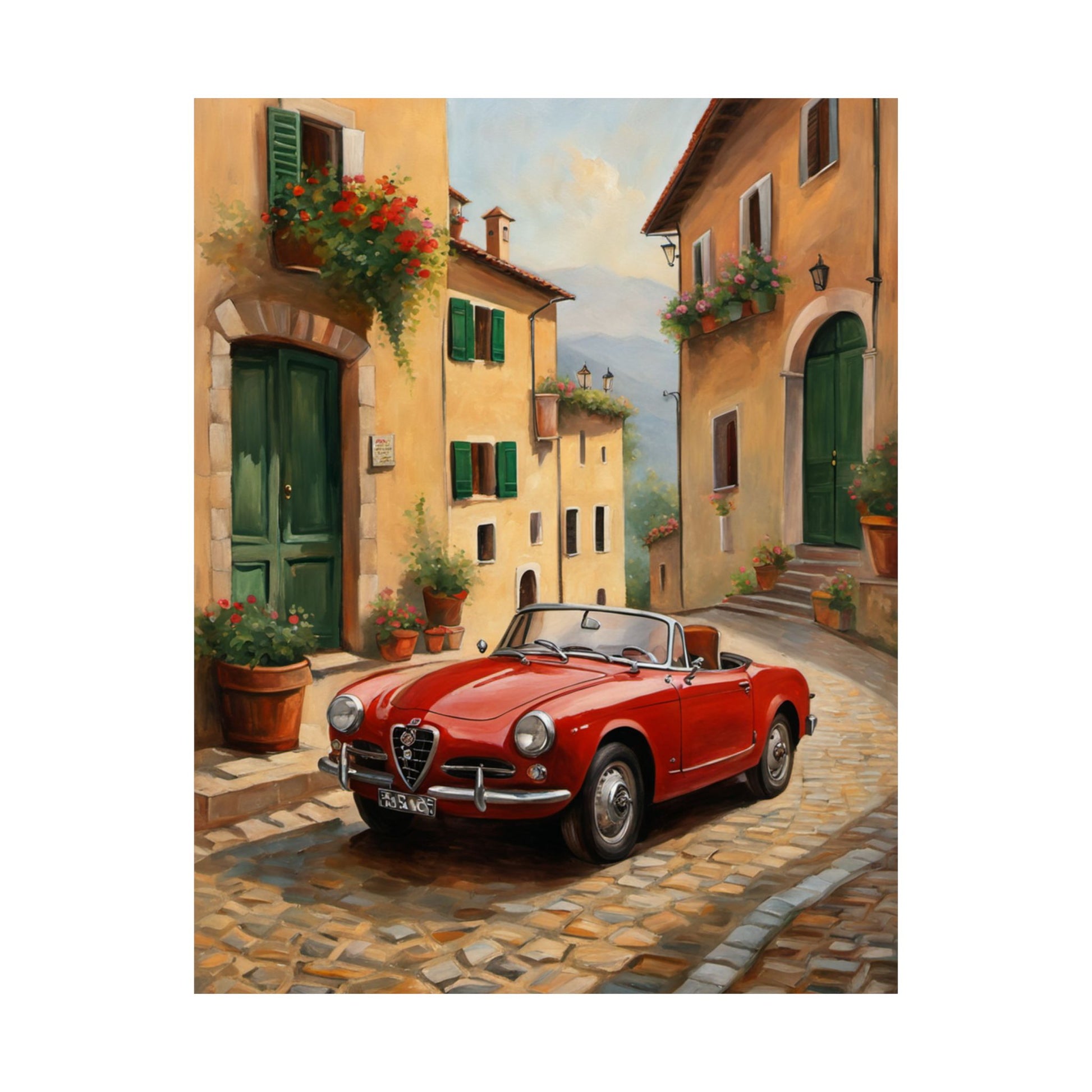 Vintage Car Wall Art featuring a red convertible parked in a charming Italian street scene