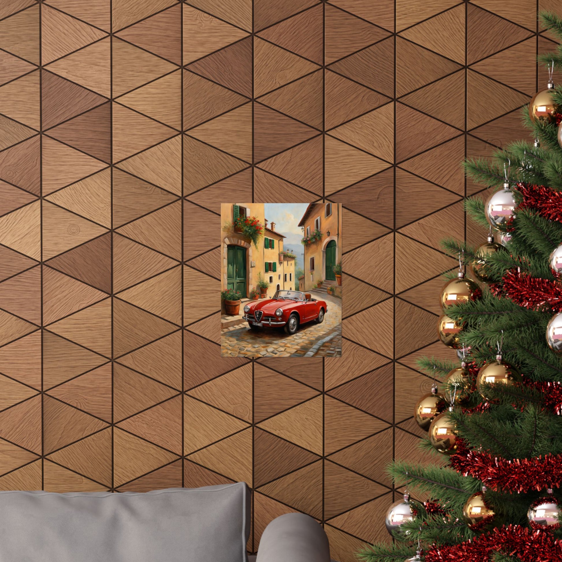 Vintage Car Wall Art featuring a classic red car against a rustic street backdrop