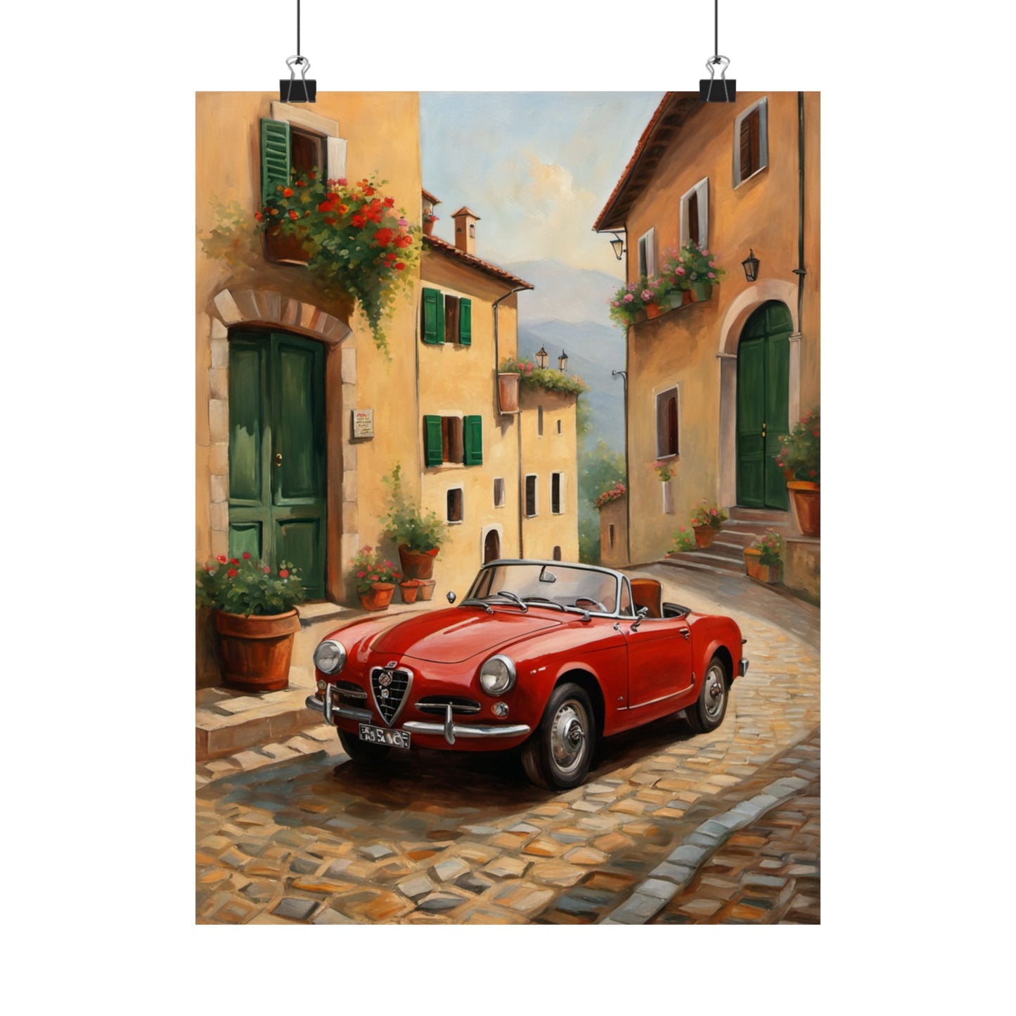 Vintage Car Wall Art featuring a red convertible parked on a charming cobblestone street