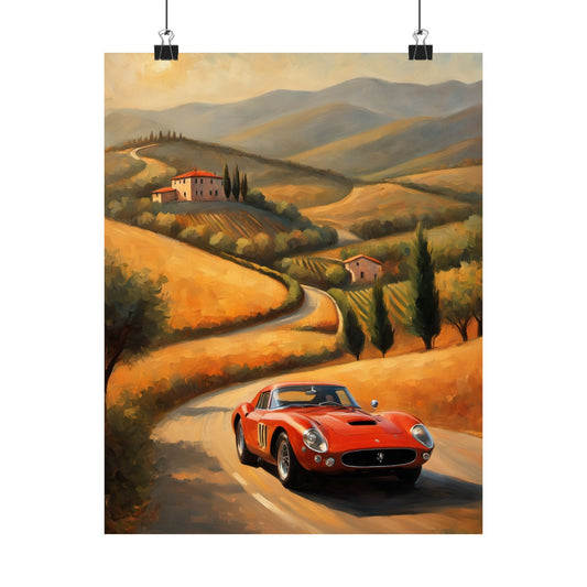 Vintage Car Wall Art featuring a red classic car driving through scenic countryside landscapes