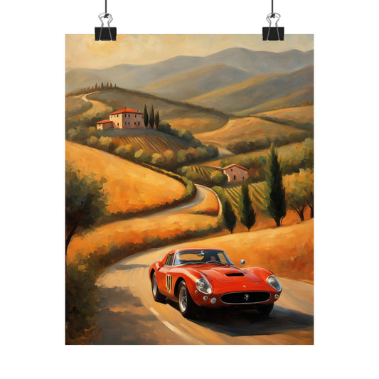 Vintage Car Wall Art featuring a red sports car driving through a scenic countryside landscape