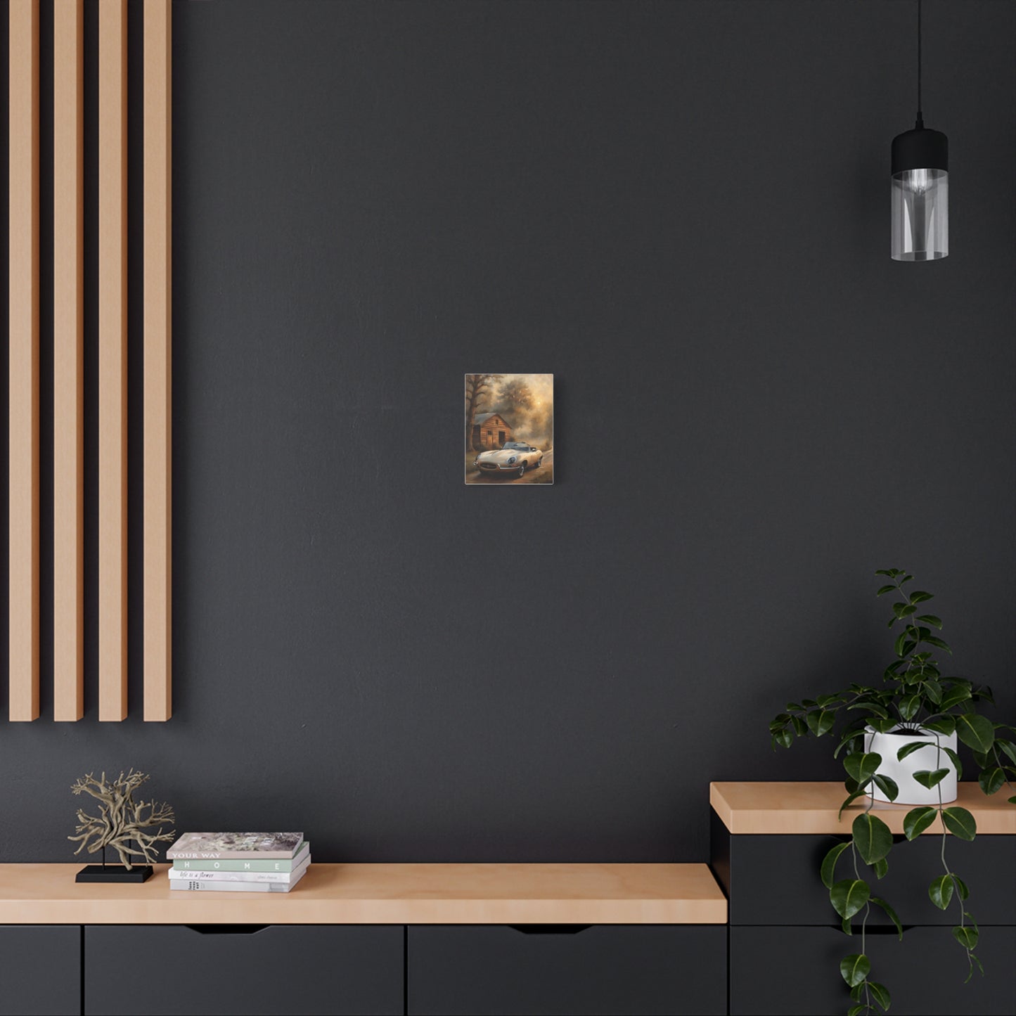 Vintage Car Wall Art displayed on a dark wall above a sleek wooden cabinet for contemporary decor