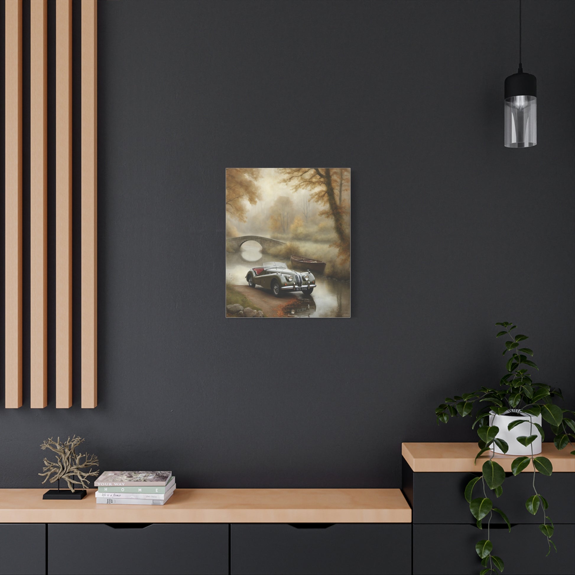 Vintage Car Wall Art featuring a classic car by a serene river and autumn trees